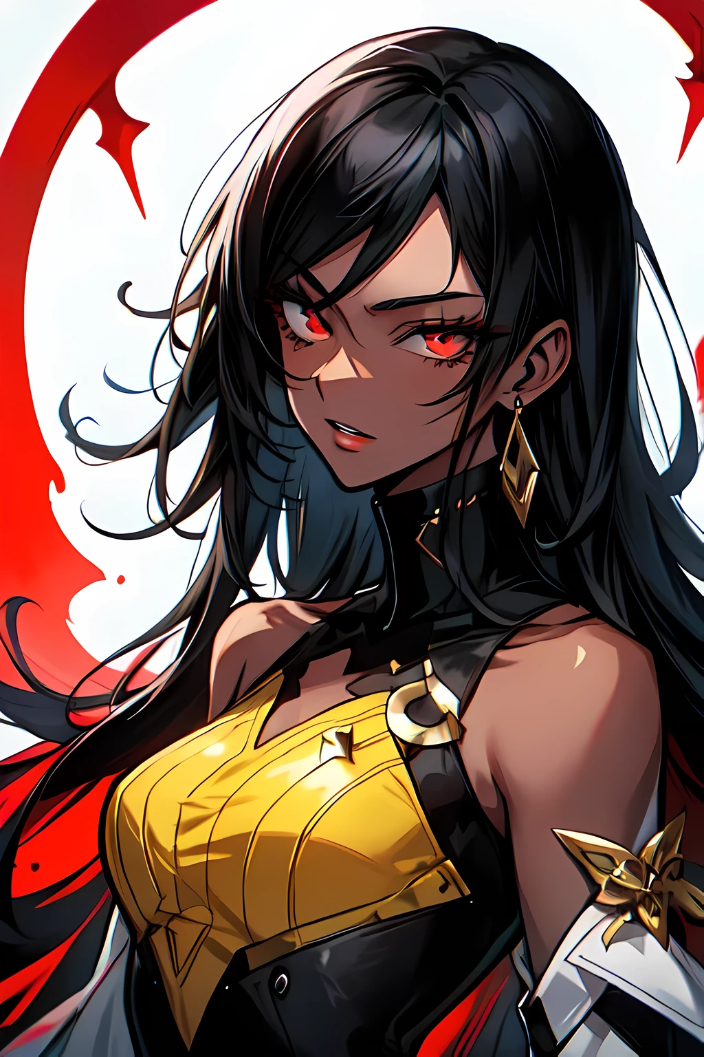 Anime Style Portrait of a sexy, dark-skin girl, with long Jet-black Hair, red eyes, dark-skinned, perfect composition, hyper-detailed, 8K, high quality, perfect eyes, trending art, trending on artstation, sharp focus, studio photo, intricate details, by Tite Kubo