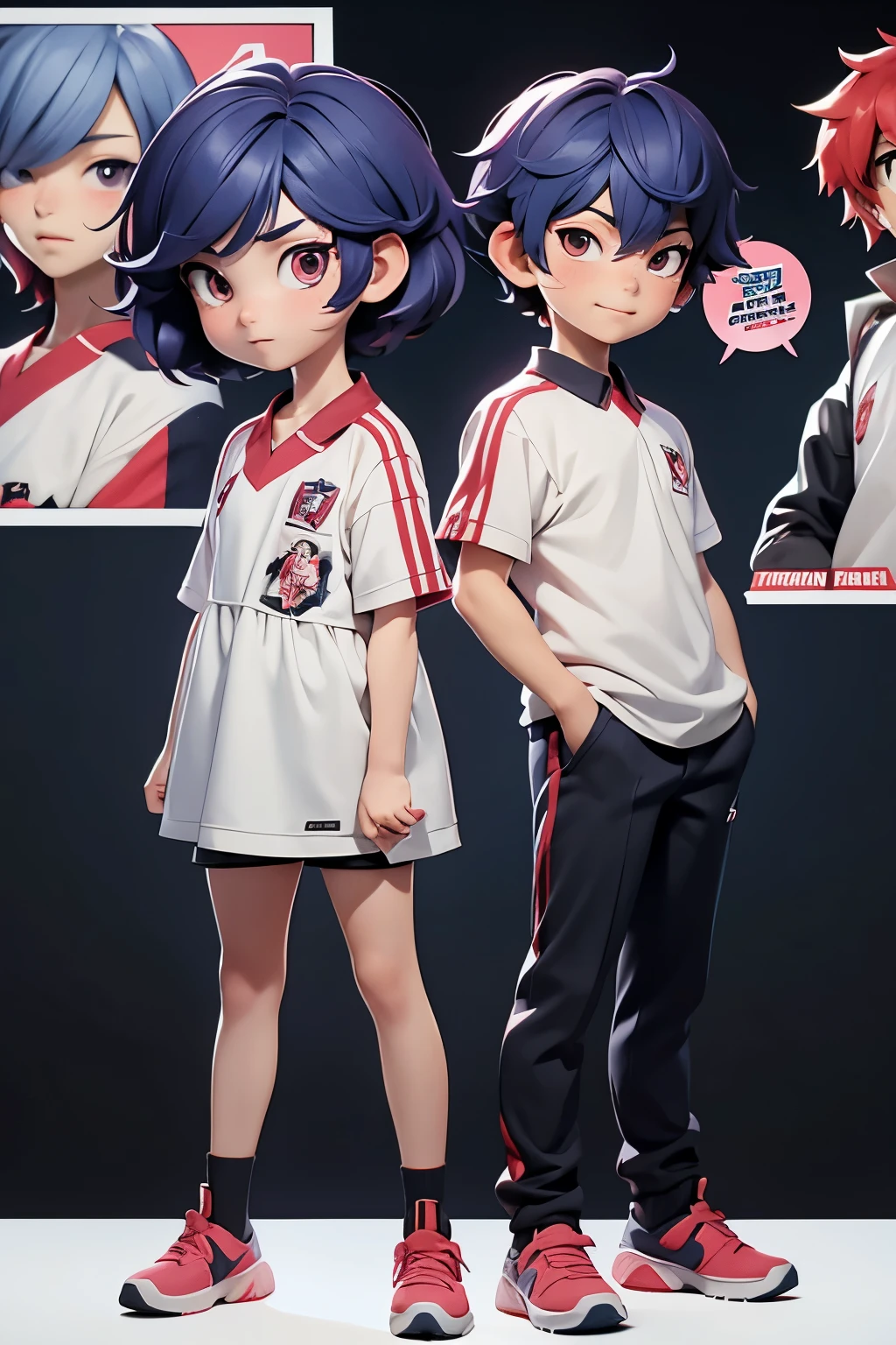 anime character :Touka Kirishima( 1 girl) & ken kaneki (1 boy), both adults, full body focus, soccer jersey, background - newspaper posters filled,