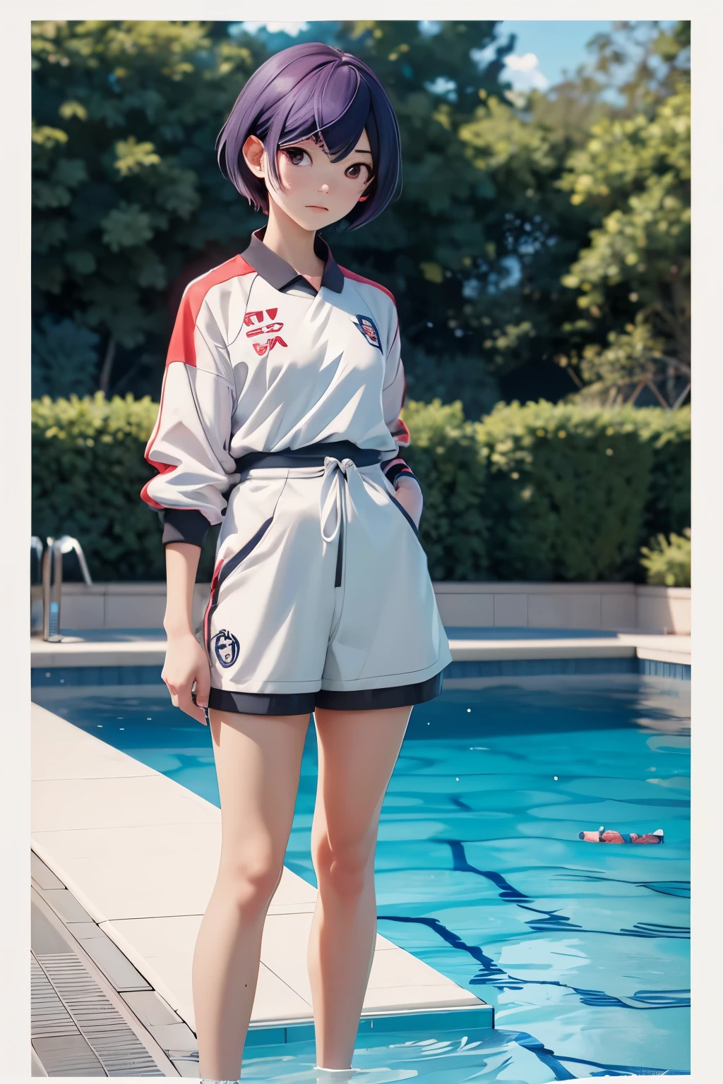 Swimming pool, anime character :Touka Kirishima( 1 girl) & ken kaneki (1 boy), both adults, full body focus, soccer jersey, background - newspaper posters filled,