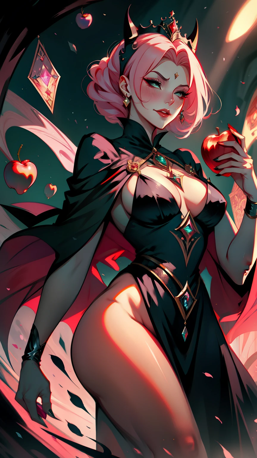 1 mulher, dressed up as an evil queen, villain, strong emotions, sakura, cabelo curto, luz, foco, like evil queen, corpo inteiro, solo, magia ao seu redor, maligna, Holding an apple