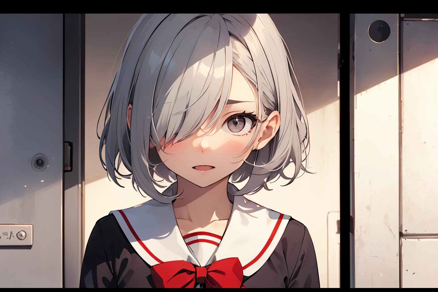 1 girl, cute, kawai, gray eyes, short silver hair covering her eyes, black school uniform, red bow, yandere face, sadistic expression, front view, super detailed