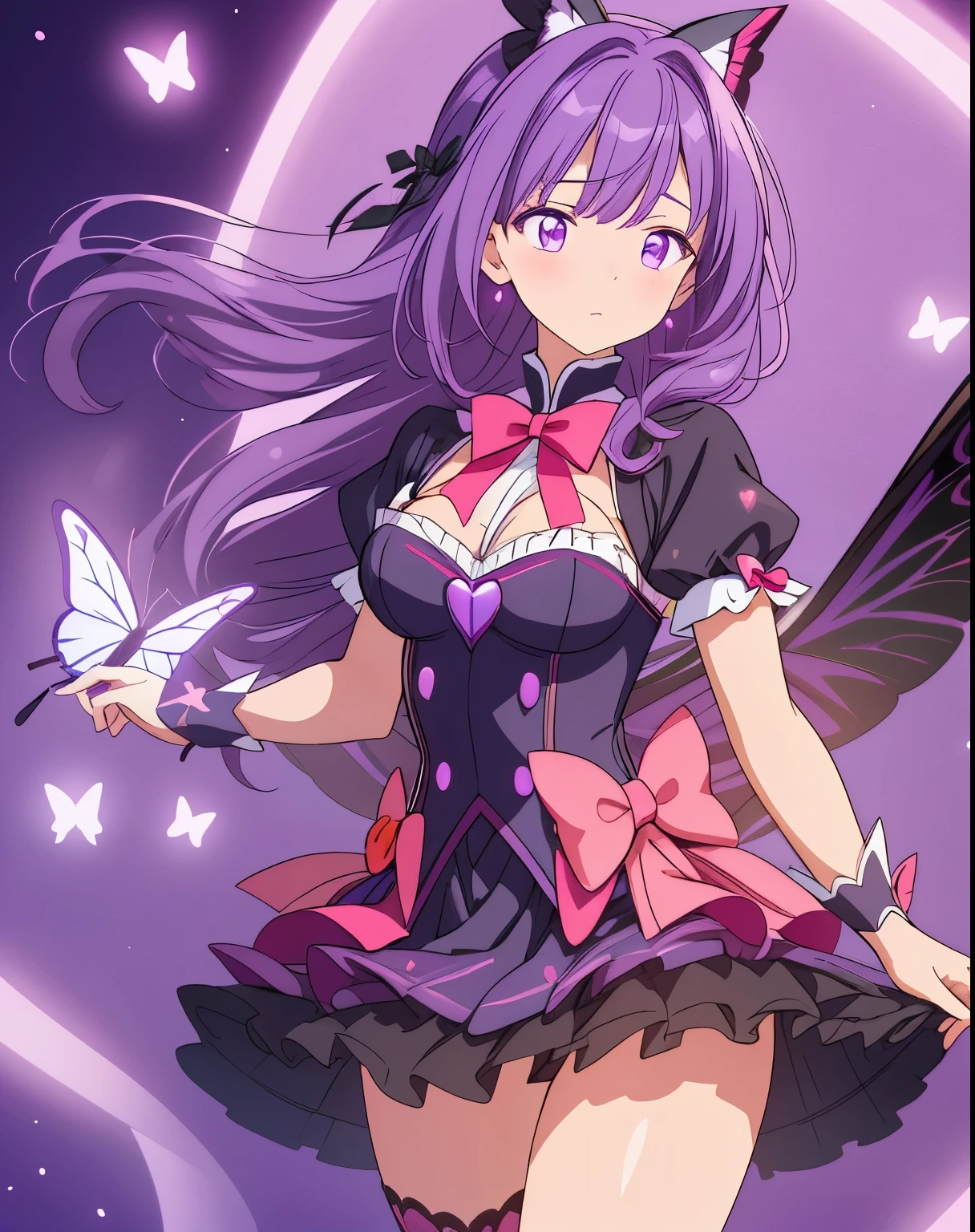 A magical girl with purple hair with a sad expression who is surrounded by black butterflies and has a red ribbon on her head 