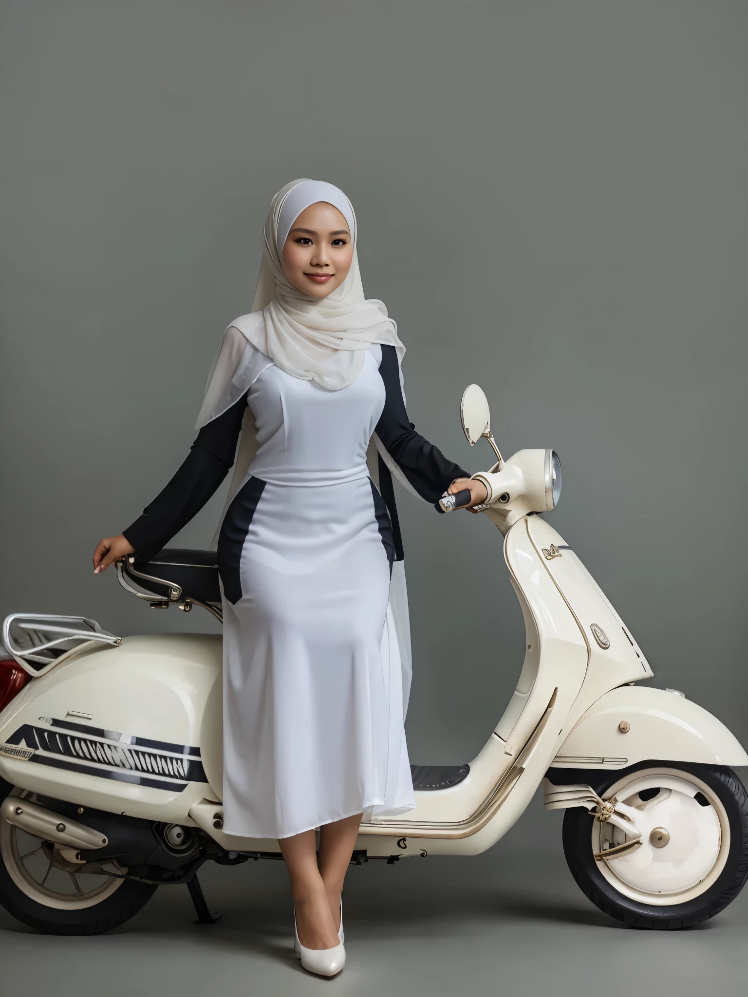 RAW, Best quality, high resolution, Masterpiece: 1.3, Indonesian woman wearing hijab, (40 years), plump, wearing white kebaya, Javanese gamis, dress, beautiful Javanese hijabi with pearl skin wearing tribal slaves, heels, Masterpiece, white high stockings, A gentle smile, sitting on a Vespa Dior