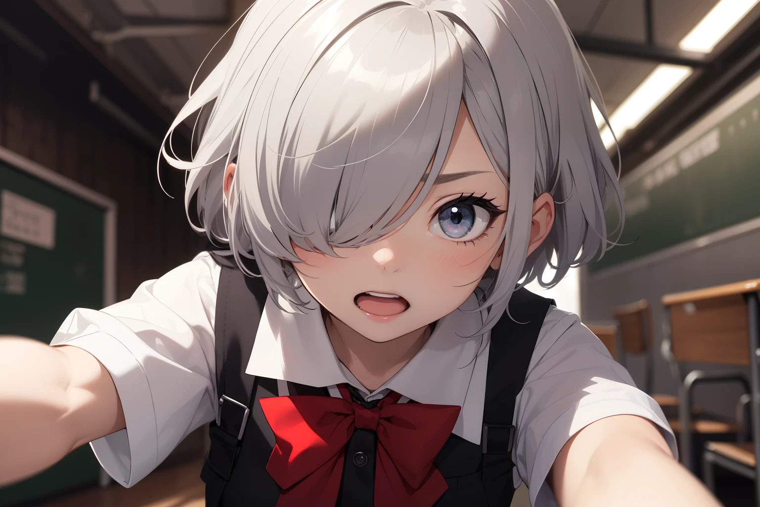 1 girl, cute, kawai, gray eyes, short silver hair covering her eyes, black school uniform, red bow, yandere face, sadistic expression, front view, super detailed