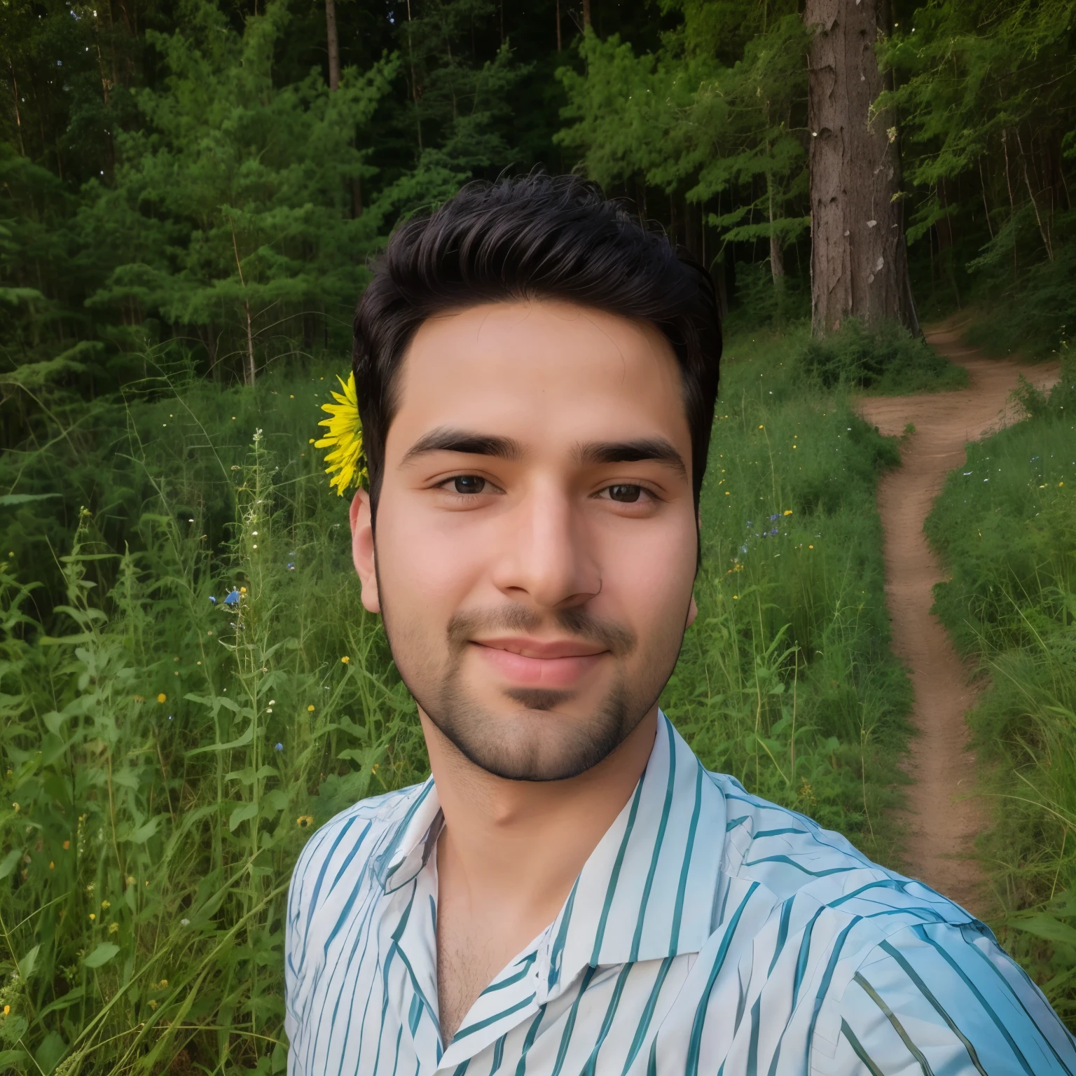 arafed man with 20+age a flower in his hair standing in a field, 8k selfie photograph, in front of a forest background, without beard, facebook profile picture, selfie photo, with accurate face, very clear picture, very very low quality picture, portait photo profile picture, amidst nature, very accurate photo, khyzyl saleem, selfie photography