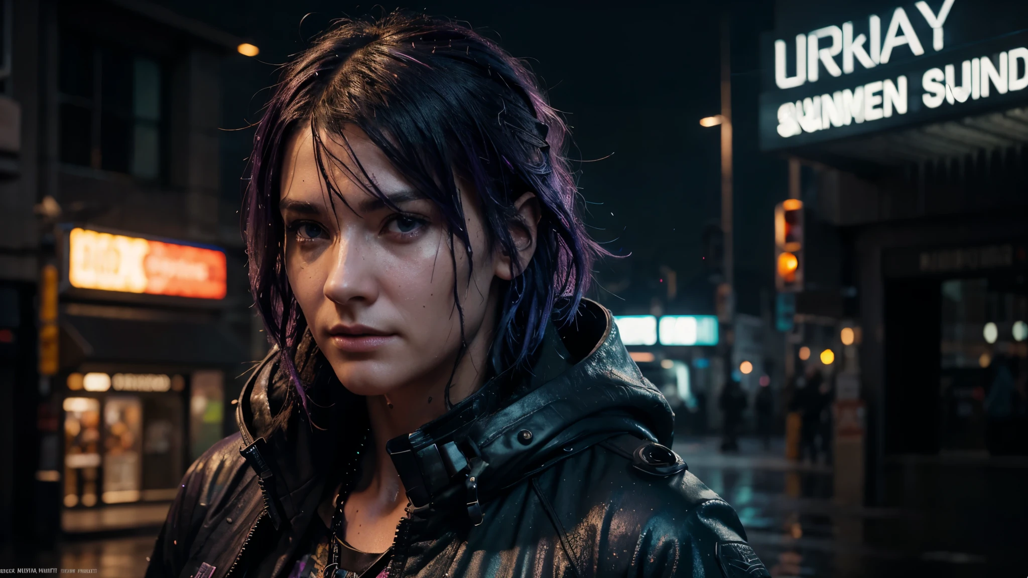 cyberpunk soldier man, purple hair, without face, full body, wear wet black coat with cyan led, wet skin, wet hair, night sky, rain, hyperdetailed painting, luminism, art by carne griffths and Wadim Kashin concept art, 4k resolution, fractal isometrics details bioluminescens, 3d render, octane render, intricately Centered hyperealistic cover photo awesome full color, hyper realist, gritty, realistic mucha, intricate, hit definition, cinematic, Rough sketch, bold lines, on paper.
