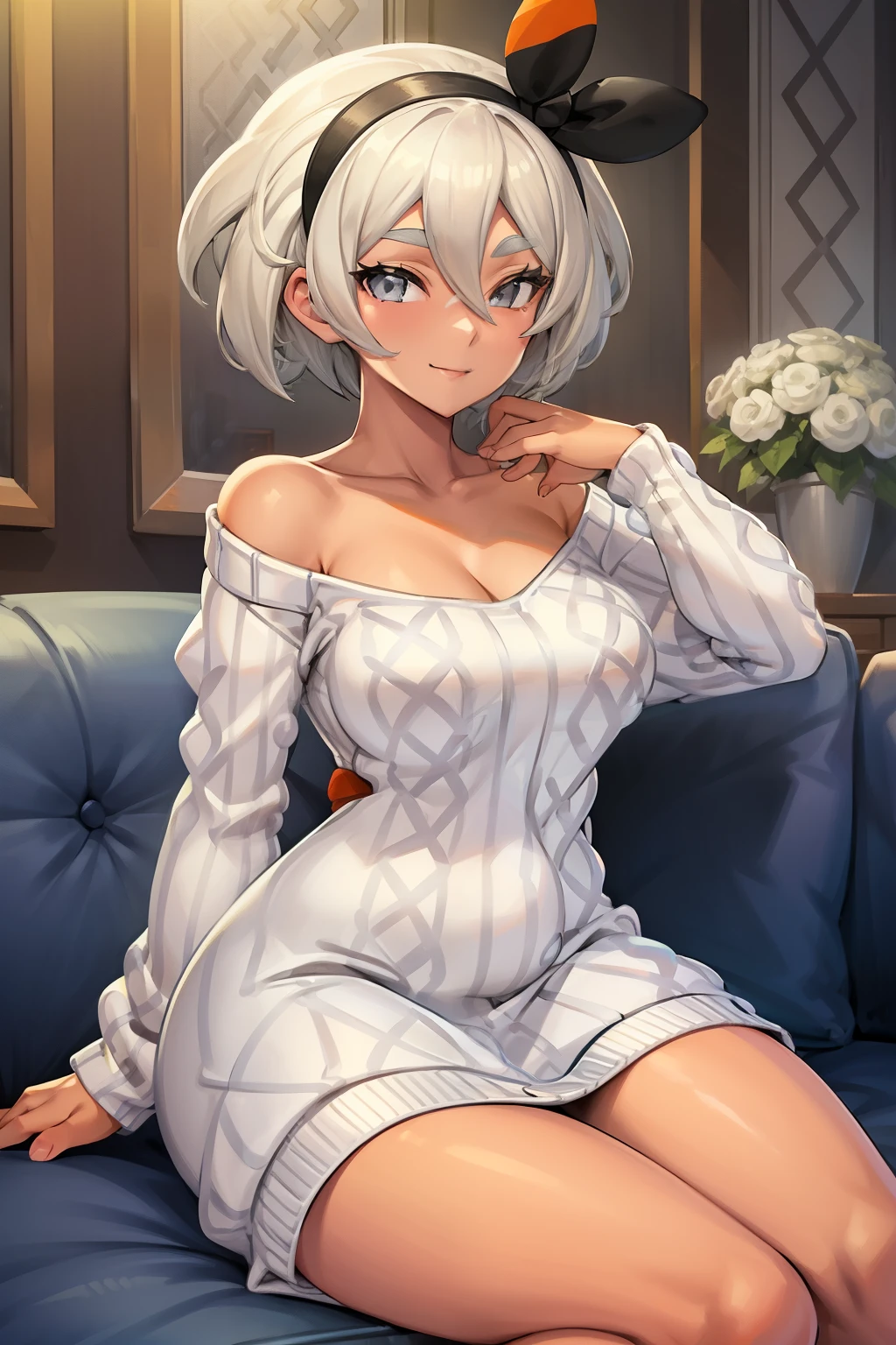 ((Bea)), portrait, smiling, cleavage, white hair, wavy hair, gray sweater, ((oversized sweater:1.3)), face portrait, mature , full body shot, sitting on white couch, indoors, white couch, layed back, off 1 shoulder, bare shoulder, strapless, collarbone, deep cleavage, hairband