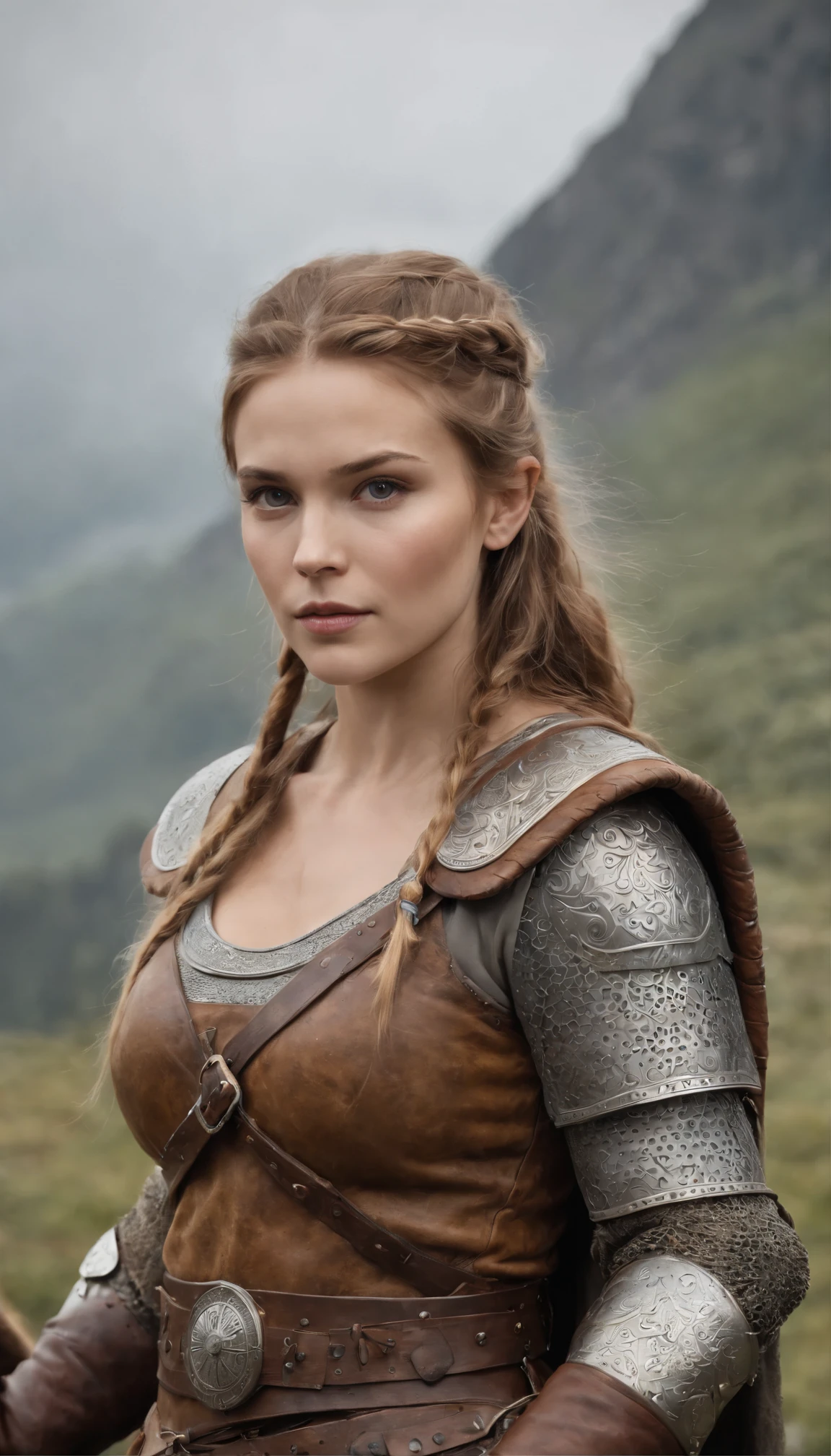 A beautiful Viking woman, female viking, courageous face, strong body, big round breast, perfect thighs, wearing Viking armors, detailed highly engraved and embossed armors, chest plates, shoulder guards, viking helmets, gloves, standing and starring, ancient viking theme, misty environment, good lighting, hyper realistic photo, fantasy photo, medium full shot