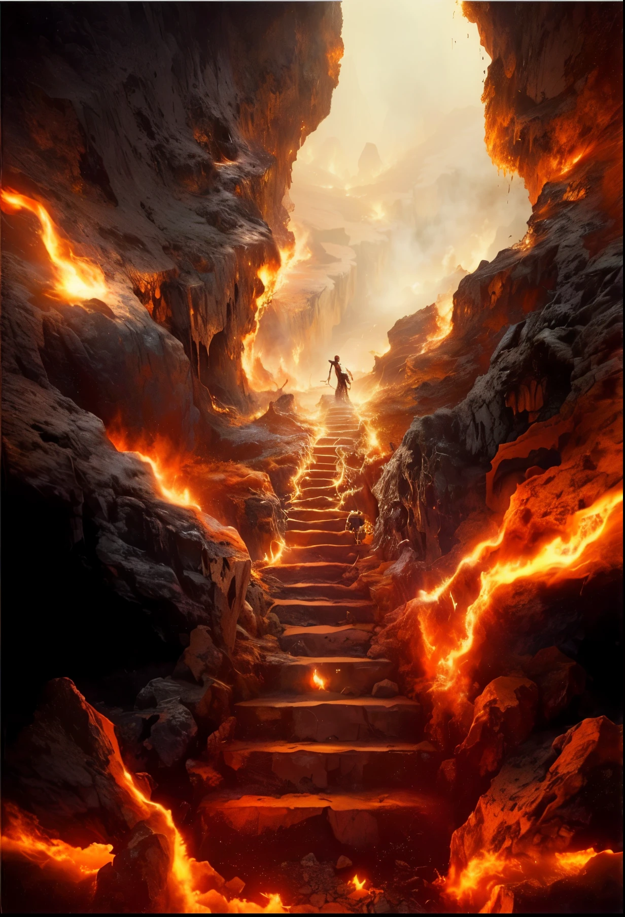 A man walks up the stairs in a cave, stairs from hell to heaven, Hellscape, Travel through hell, portal to hell, Out of the flames, portal to hell, stairway to heaven, portal to hell, Surreal hell, portal to hell, Stand in hell, iintricate、Epic composition, amazingly epic visuals, Hell background