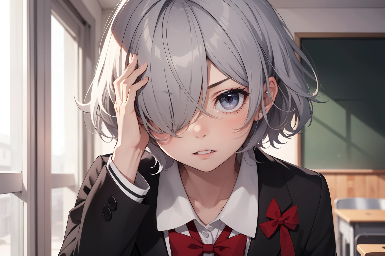 1 girl, gray eyes, short silver hair covering her eyes, black school uniform, red bow, yandere face, serious expression, super detailed, in room