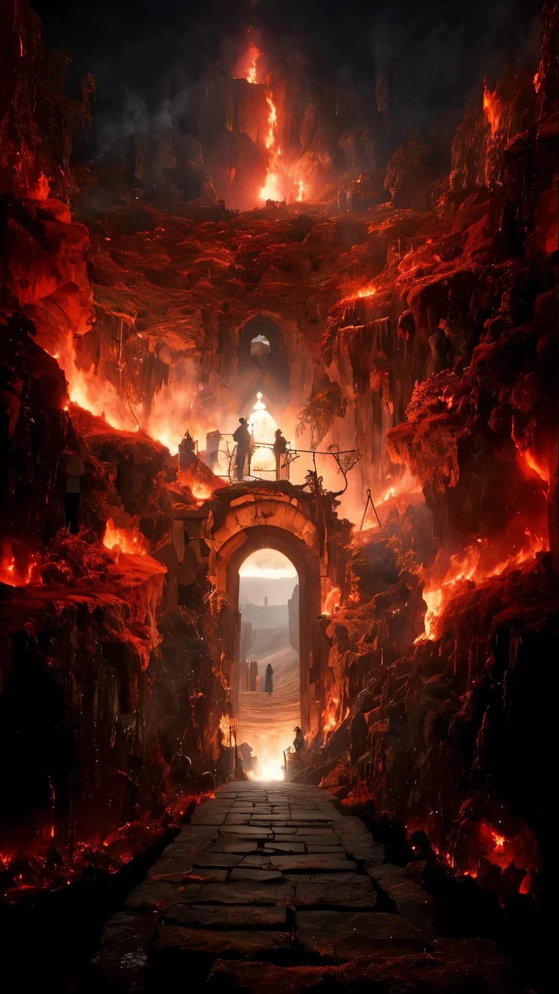 um homem caminhando por uma caverna escura com um fogo ao fundo, A porta do inferno, As portas do inferno, Porta para o inferno, A Grande Porta do Inferno, Paisagem do inferno, Portal para o inferno, Portas do Inferno, fundo do inferno, Um portal para o Reino da Chama Perdida, Marcos Simonetti. intrincado, A batalha final no inferno, inferno hiper-realista