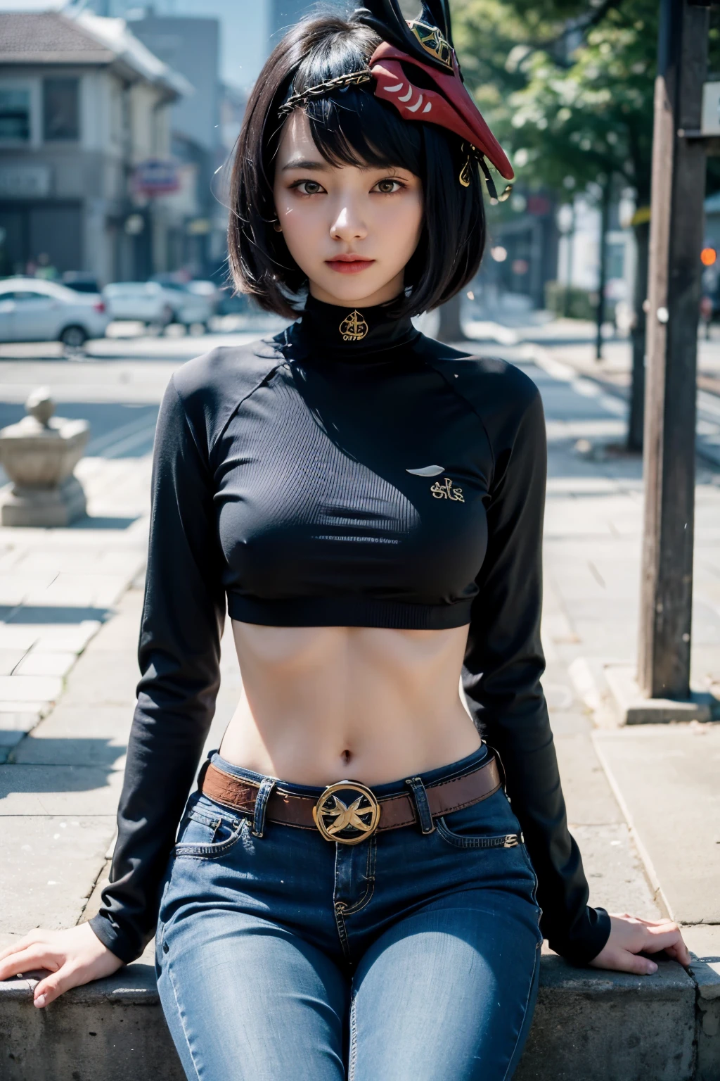 1girl, ((long sleeved puffer parka with gold trim, long dark blue jeans, gold belt)), ((midriff, navel)), looking at viewer, smile, snow on background, garden, sit on stone, (cinematic lighting, best quality, masterpiece, high details, best quality, highres, HD, 4K, 8k, super detail), (kujou sara:1.3), mask on head, blue hair, short hair, yellow eyes