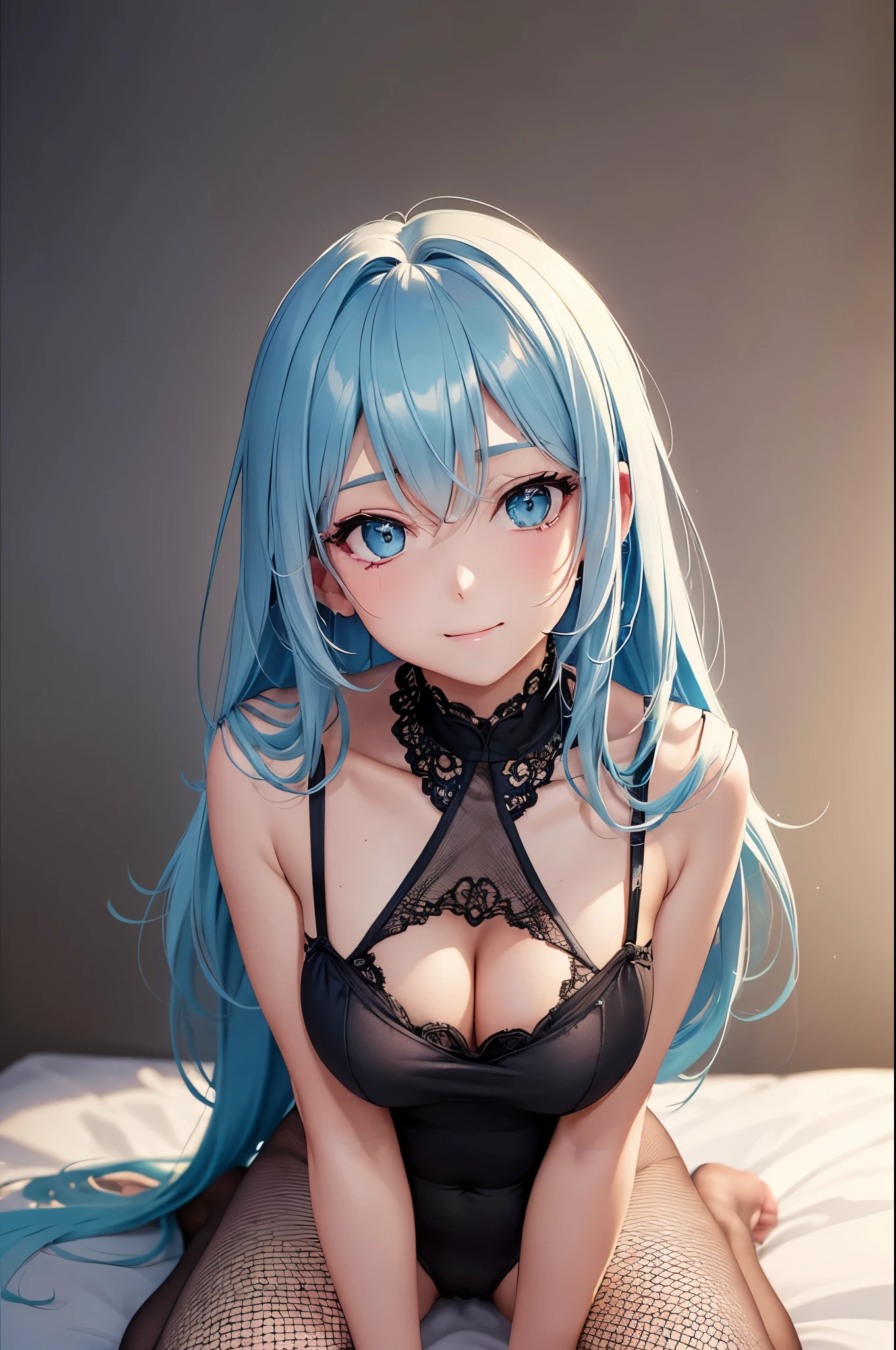 (best quality,High resolution,muste piece:1.2)beautiful girl,shiny light blue hair,(hairs between eyes,crossed bangs),Gentle eyes,spoiled look,upward glance,botch,top quality,best quality,aesthetic and aesthetic:1.2,best details((Super detailed))(High-definition CG illustration),bodystocking(gray),fishnet pantyhose(ロマンスgray),whole body,slender body,cinematic light,inside the room,smile gently,Cute begging,Finger bite,on the bed,wariza