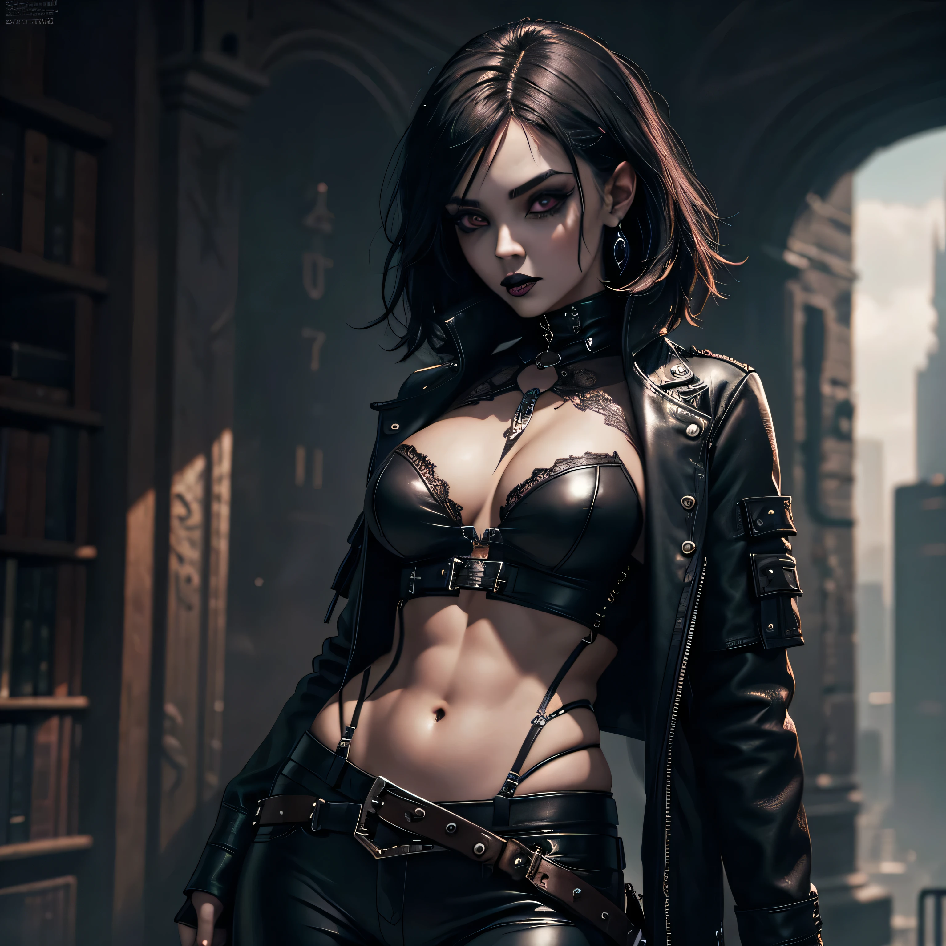 1 girl, heavy goth makeup, fantasy character, cyberpunk horror, dark fantasy, navel, gothic mage, muscular abs, leather lace corset cropped top, leather pants, sensual