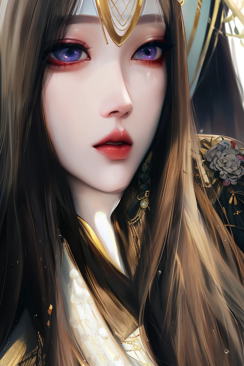 um close de uma mulher com cabelos longos e um casaco de pele, fair and pale skin!!, Jang Won-young, pale round face, asian face, pale porcelain white skin, Ulzzang, pale thin lips, cruel korean goth girl, coreana, pale beautiful skin, beautiful aesthetic face, young cute wan asian face, with very thin lips, ivory pale skin, retrato inspirado na Wonyoung, is a South Korean singer. She is a member of the South Korean girl group Ive, da Starship Entertainment