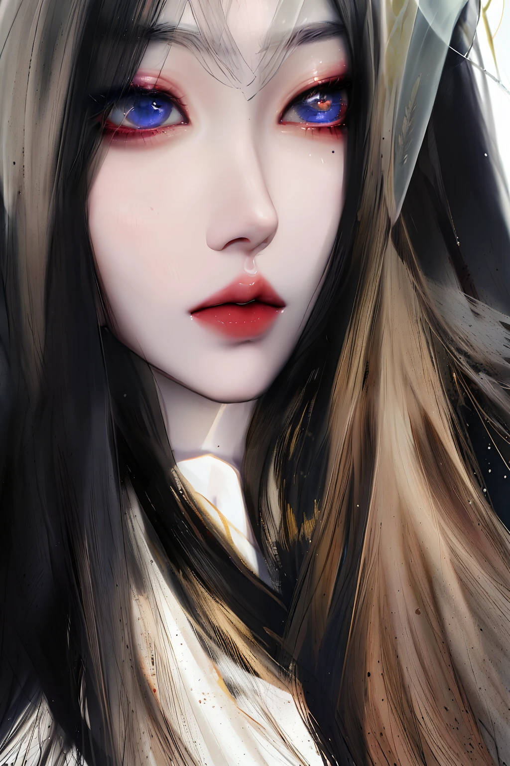 um close de uma mulher com cabelos longos e um casaco de pele, fair and pale skin!!, Jang Won-young, pale round face, asian face, pale porcelain white skin, Ulzzang, pale thin lips, cruel korean goth girl,  coreana, pale beautiful skin, beautiful aesthetic face, young cute wan asian face, with very thin lips, ivory pale skin, retrato inspirado na Wonyoung, is a South Korean singer. She is a member of the South Korean girl group Ive, da Starship Entertainment