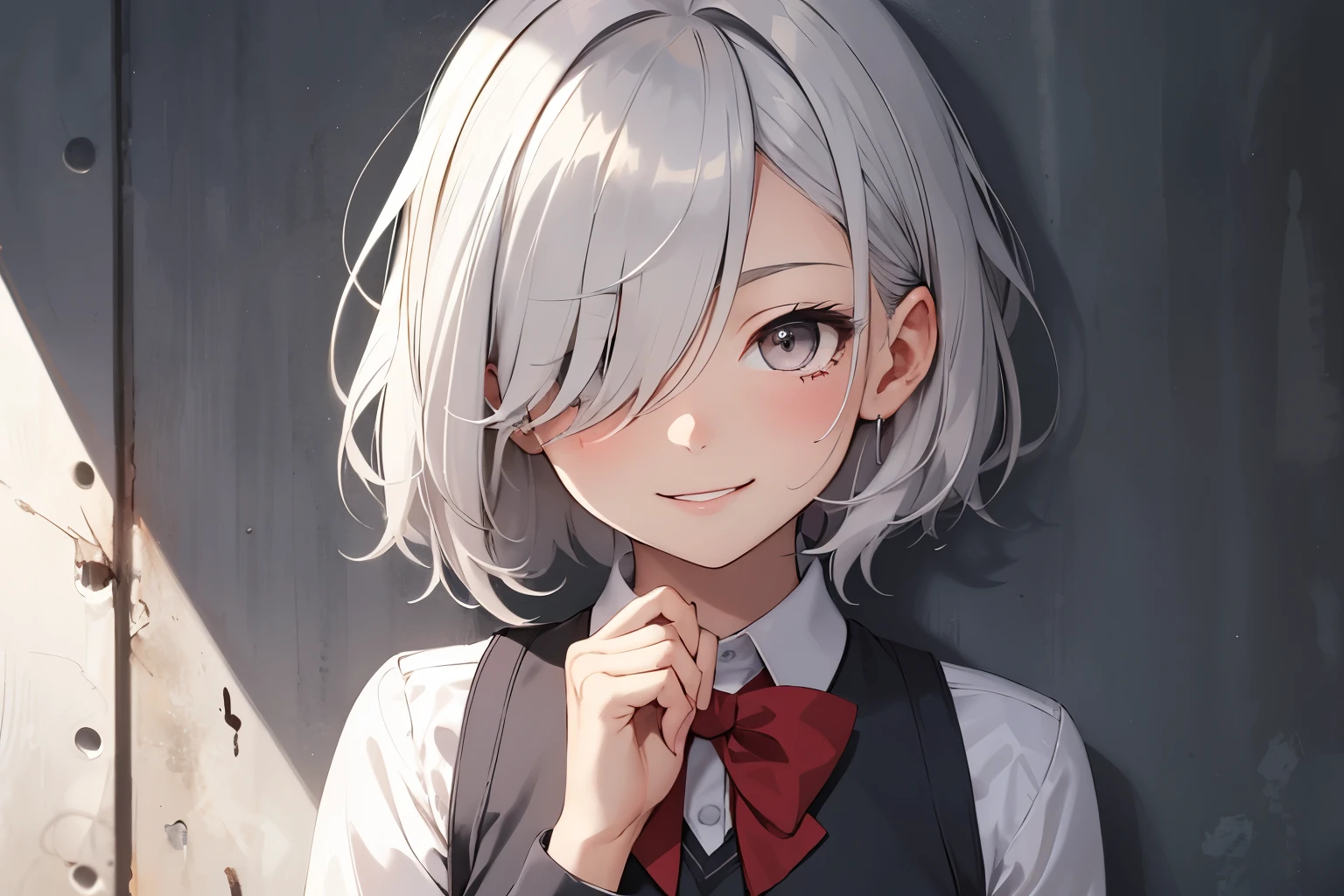 1 girl, gray eyes, short silver hair covering her eyes, black school uniform, red bow, yandere face, smilling, super detailed