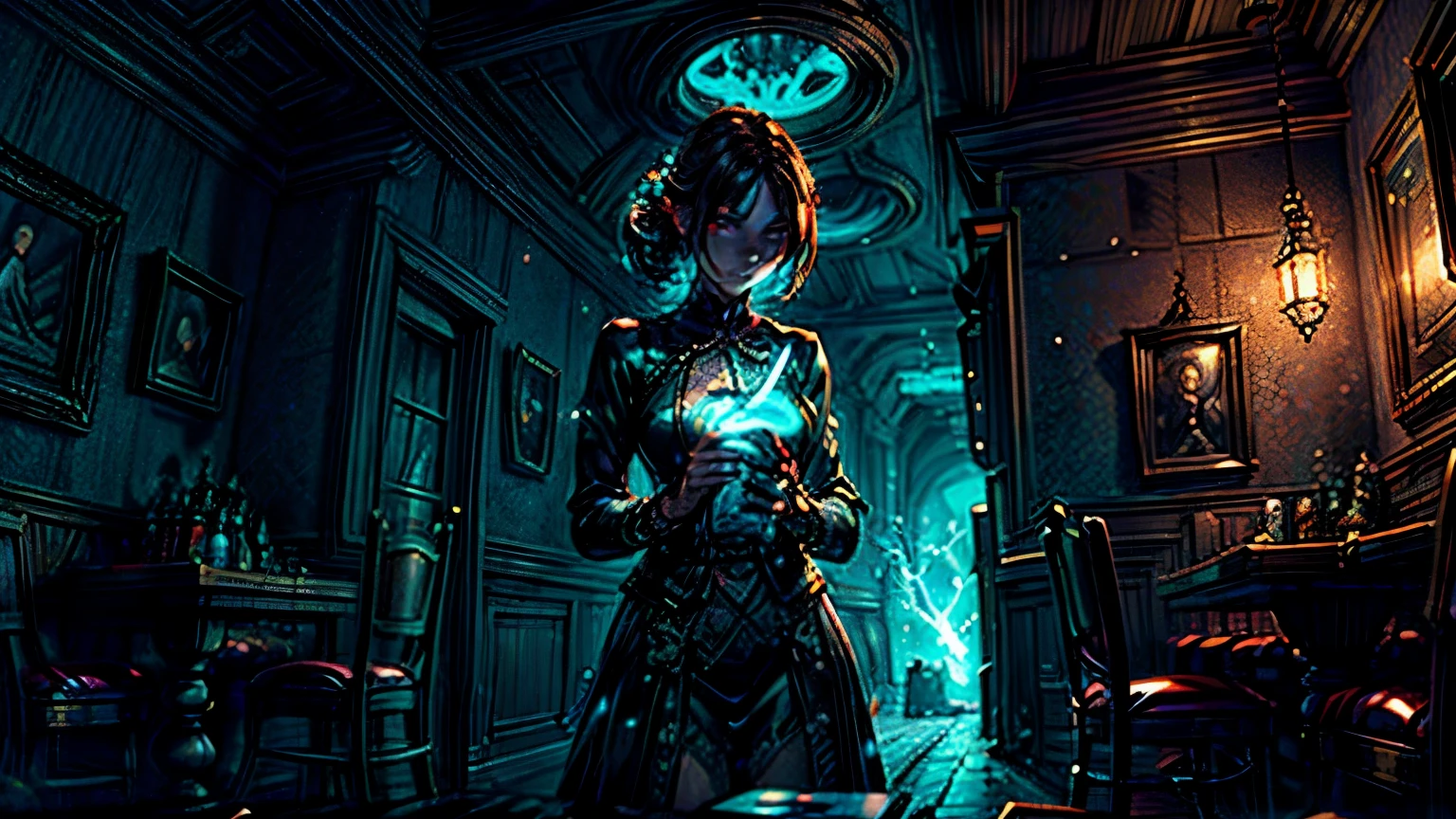 young ginger woman, medieval tale tavern, intricately detailed colorful interior, detailed intense sunrise lightning, best geometry, award wining masterpiece, ultra intricate shadows and lighting, best lighting, best shadows, intricate busy setting, trending on art station, global illumination, selfilluminated, bioluminescence, midjorney style, art by Albert Bierstadt