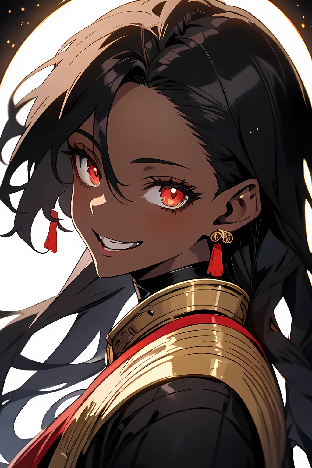 Anime Style Portrait of a sexy, African girl, with long Jet-black Hair, red eyes, dark-skinned, perfect composition, hyper-detailed, 8K, high quality, perfect eyes, trending art, trending on artstation, sharp focus, studio photo, intricate details, by Tite Kubo