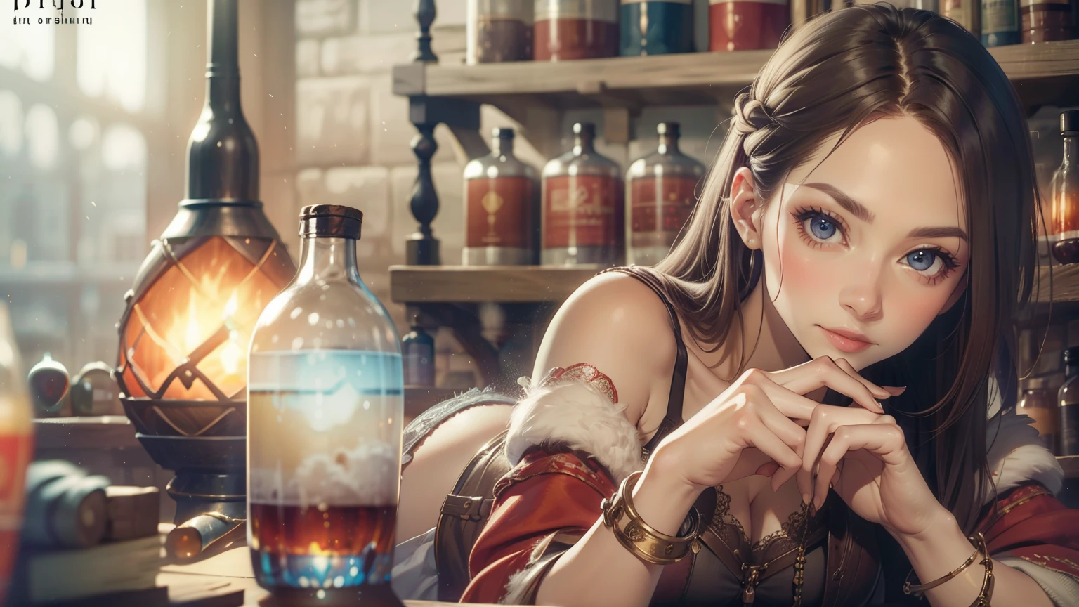beautiful ginger women in detailed dress at cozy detailed potions shop, air above hair, IPA award wining, masterpiece