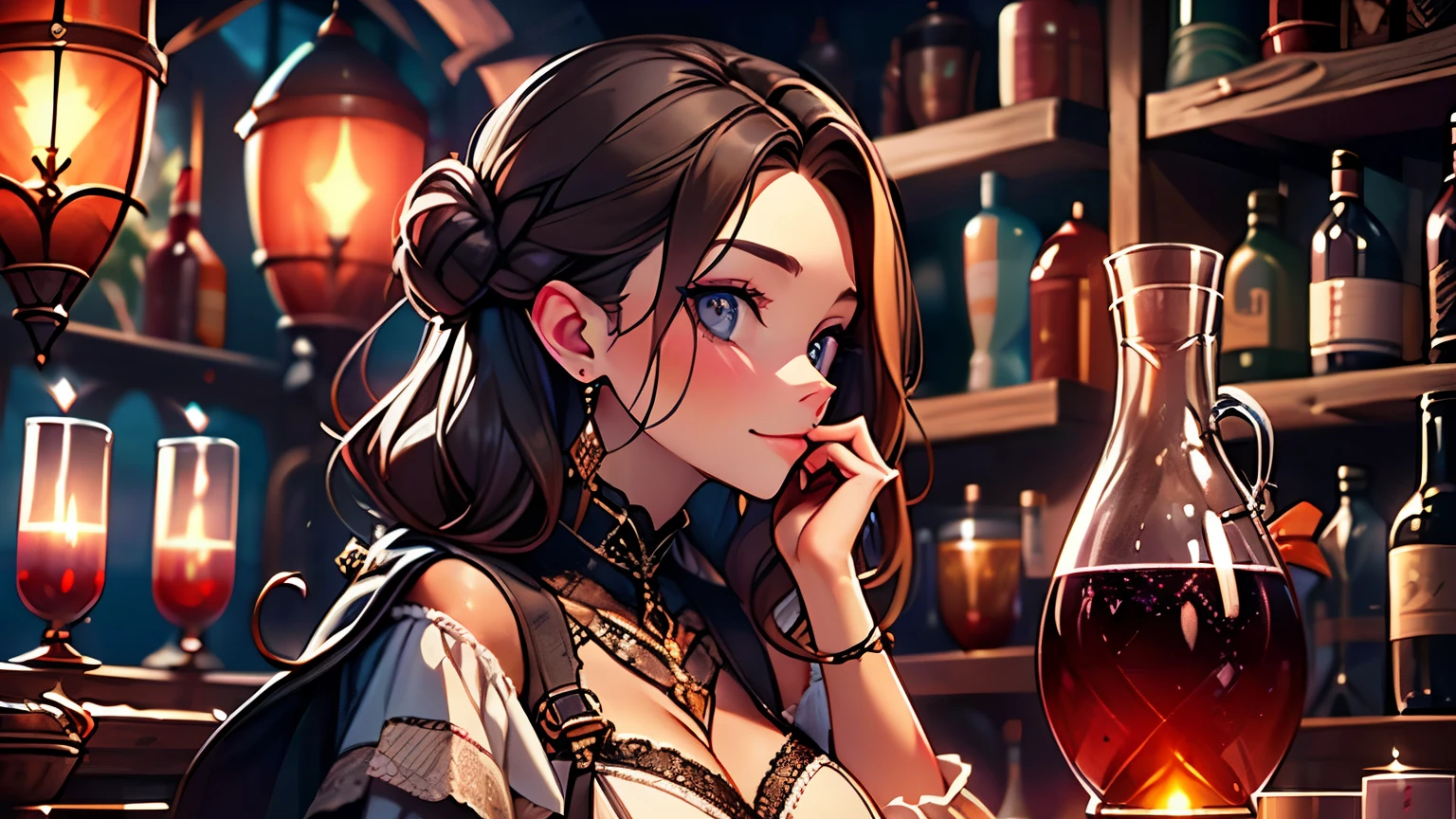 beautiful ginger women in detailed dress at cozy detailed potions shop, air above hair, IPA award wining, masterpiece, best lighting, best shadows, best reflections,
