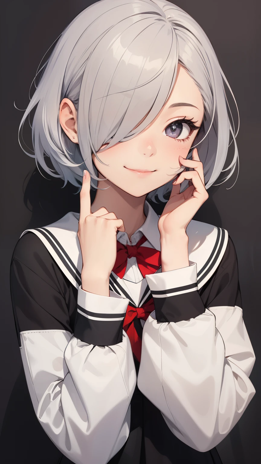 1 girl, gray eyes, short silver hair covering her eyes, black school uniform, red bow, yandere face, smilling, super detailed, capa, ilustration