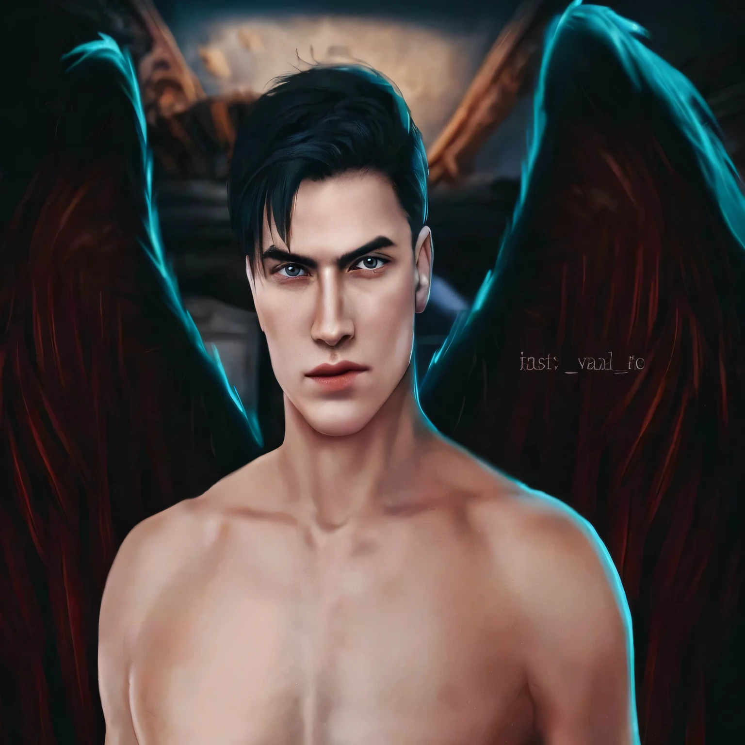 A young man without a shirt in boxers, with a well-formed bare abdomen with black hair red eyes handsome face In the middle of a room sitting on a bed with black wings, with arms crossed 