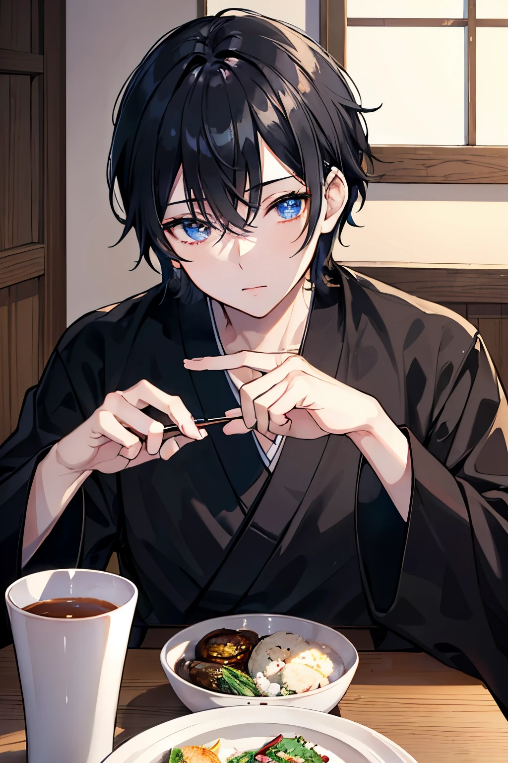 male black hair blue eyes short hair one person sweater slacks Brown coat ancient folk house Japanese style room table meal masterpiece Highest image quality noise removal clear parts cinematic shadow Increased attractiveness of the eyes clear parts the shine of the eyes Draw eyelashes neatly perfect eyes detailed eyes Sharpen image quality Sharpen eye writing clear parts eye shape