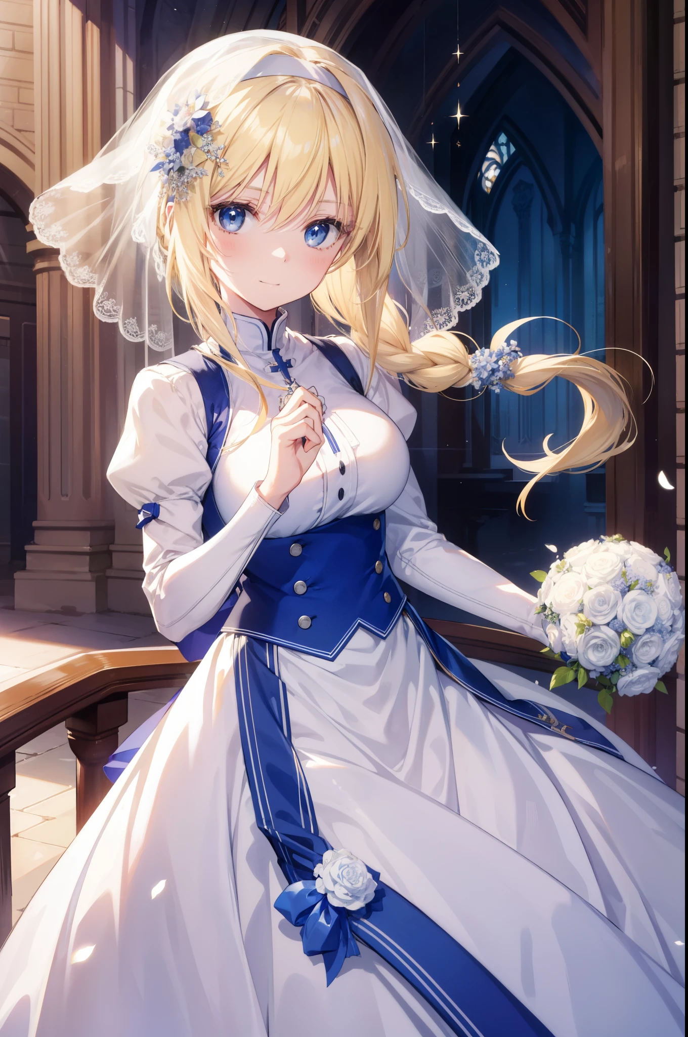 Alisesberg, Alice Zusberg, bangs, blue eyes, blonde hair, hair between eyes, very long hair, Braid, hair band, white hair band, 1 girl, masterpiece、highest quality、masterpiece, highest quality, high again, , 1 girl, alone, hair flower, wedding d again ss, Holding a bouquet of flowers in your hands, Chacha, large round breasts, smile, church, bridal veil