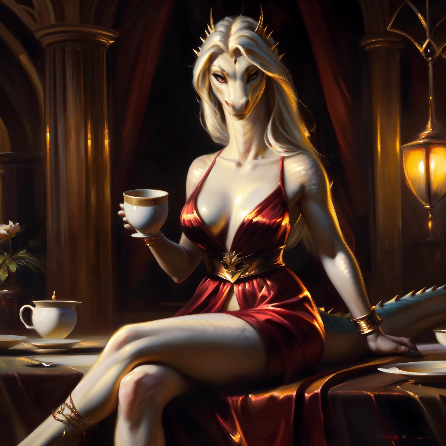 uploaded to e621, by Pixelsketcher, from Bayard Wu, Thomas Benjamin Kennington , from Einhelm, One second, ((Full Length, Master plan)),(detailed lighting of Bonifasco), (Detailed scales), (Detailed skin), ((long, Graceful multi-colored tail)), (loose hair)), ((detailed information)), [Ambient light],  [explicit content], [Sharp Focus], (questionable content), (shaded), ((masterpiece), hiss, flowing long hair, Chest of medium scales, Fluffy multi-colored the Dragon, Dragon Face, furry fantasy art, furry art, high resolution commission, second art, art,Sakimichan is beautiful, masterpiece, Best quality, detailed depiction, bright colors, Detailed face, perfect lighting, Perfect shadows, Perfect eyes, focus on the girl, the Dragon eyes, flawless face, (( Graceful multi-colored tail)) the Dragon, bright skin, dragon girl, can be solved, Scaly Women, Dragon's nose, Large long muzzle, Multi-colored scales, look at the viewer, half-closed eyes, One, (masterpiece), (Best quality), (illustration), long white hair, Detailed scales, Balanced coloring, Global яllumination, ray tracing, good lighting, scales, second, Showing breasts, split, I&#39;m looking at the viewer, Seductive look, nsfv, elegant seducing pose, (The highest level of medieval interior), ((slim and very built, elegant clothes, long slender legs, Long neck)), oil painting, style by яtalian artist Pino Daeni, Beautiful girl, full height, short chiton above mid-thigh, thin waist,  big eyes, very long eyelashes, golden jewelery, diamond earrings, Gold bracelets, long beautiful legs, Ultra high quality model, чистое Detailed face, Exquisite dress, ((character sitting at the table, drinks hot tea, holding a cup of tea in his hand))