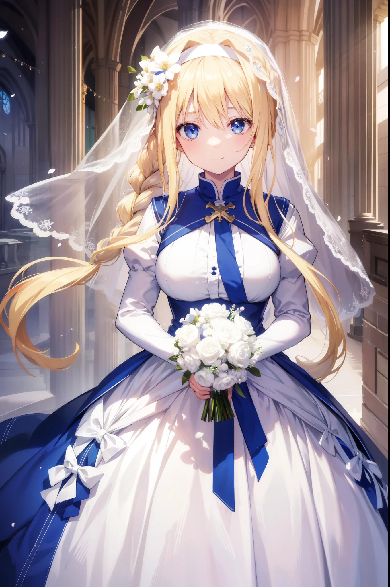 Alisesberg, Alice Zusberg, bangs, blue eyes, blonde hair, hair between eyes, very long hair, Braid, hair band, white hair band, 1 girl, masterpiece、highest quality、masterpiece, highest quality, high again, , 1 girl, alone, hair flower, wedding d again ss, Holding a bouquet of flowers in your hands, Chacha, large round breasts, smile, church, bridal veil