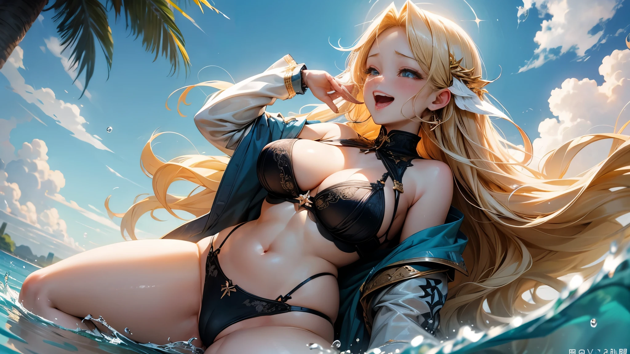 divine goddess of the sky.、beautiful woman、super big、laugh、blond hair、big bust, bra soaked in water, T-panties, front view, Spread your legs, Sedentary, close,