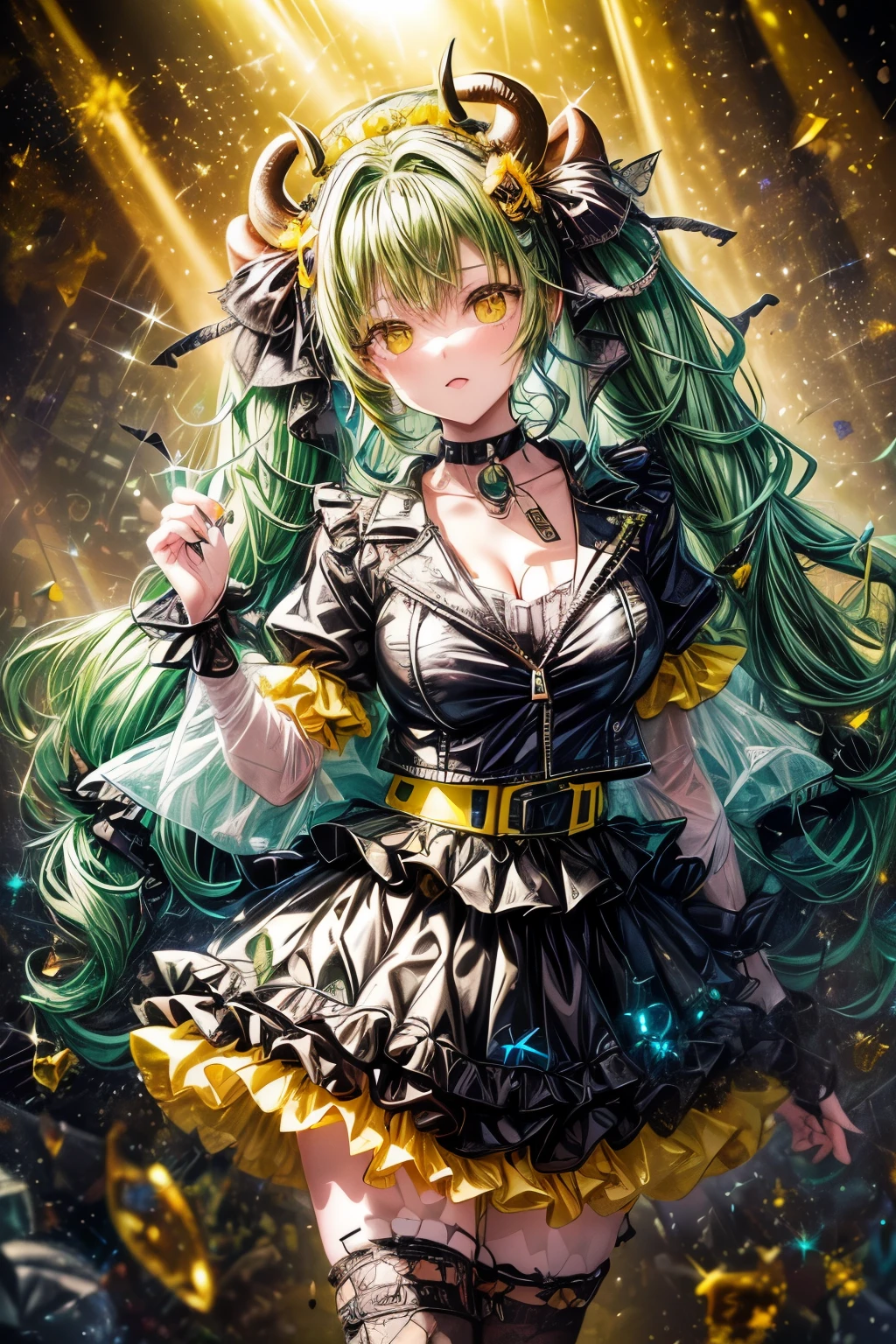 ((worst quality, low-quality)), ((Horned, Cow chemomimi girl)), Solo, (Gothic ta), ((Green hair,poneyTail:1.3)), (Big breasts), Hair over one eye, plump shiny lips, Beautiful clear eyes, Spoken Heart, Leaning forward, (Dynamic Pose:1.2), (black and yellow theme:1.4), ((japanese idol costume with bee motif, punk and fancy style):1.2), (roll-up sleeves Latex black closed jacket with yellow bellied lapel:1.4), (zip-up:1.5), (costume divided into tops and bottoms:1.3), (collarbone:1.3),(Stained glass window background), ((Shining sunlight)), (opal), (light Particle, light glow, llight rays:1.4), masutepiece,Best Quality,ultra-detailliert, (crazy amount of buttons and needles:1.2), (yellow (eyelet belt, grommet belt):1.3), (yellow (See-through tulle skirt, tulle Layered mini skirt) with ruffles:1.3), (fancy over-knee-socks with black and yellow striped pattern:1.4), (black high platform boots with lace-up:1.2), (choker with silver needles:1.3), (bangle with silver needles:1.3), (Cute logo with a bee motif on jacket:1.2),(Stained glass window background), ((Shining sunlight)), (opal), (light Particle, light glow, llight rays:1.4), masutepiece,Best Quality,ultra-detailliert,