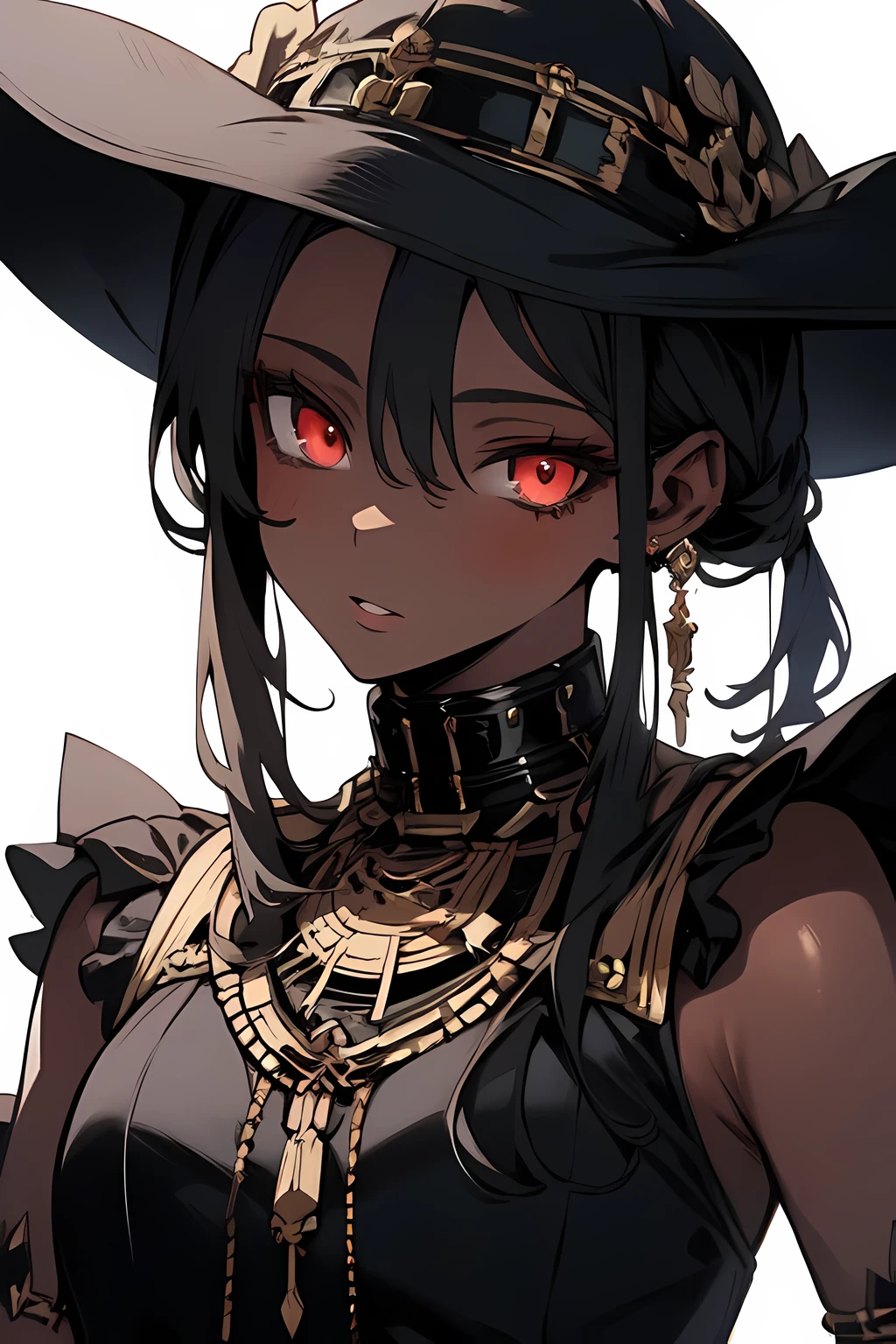 Anime Style Portrait of a sexy, African girl, with long Jet-black Hair, red eyes, dark-skinned, perfect composition, hyper-detailed, 8K, high quality, perfect eyes, trending art, trending on artstation, sharp focus, studio photo, intricate details, by Tite Kubo