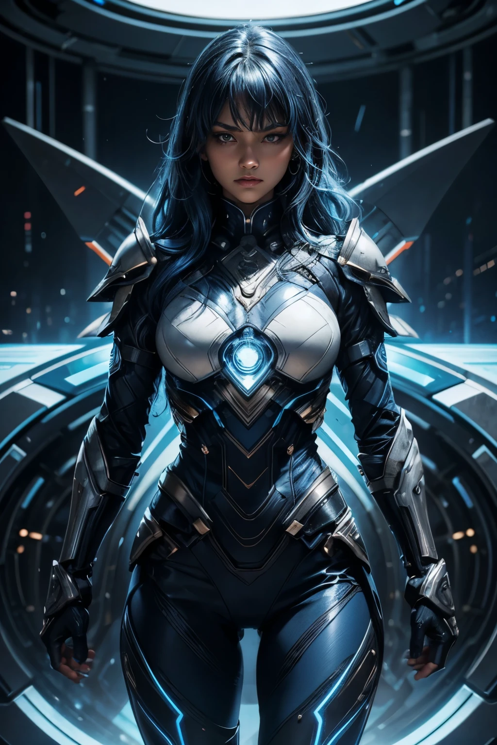 In the heart of a cutting-edge, technologically advanced battlefield, a powerful African girl warrior with slant eyes assumes a commanding stance. Her sleek futuristic armor, meticulously crafted with intricate designs, radiant shine and blue lights, hugs her toned body. The suit's polished surface beautifully reflects the vibrant, pulsating lights of her high-tech environment. With her blue wavy hair cascading down her back, framing her strong, chiseled features, she exudes an undeniable aura of determination and strength. Her determined expression, intensified by her fierce gaze, reveals her unwavering resolve to protect and defend against any potential threat in this advanced, intricately detailed. She is beautiful, has a cute face. Her skin tone is brown.