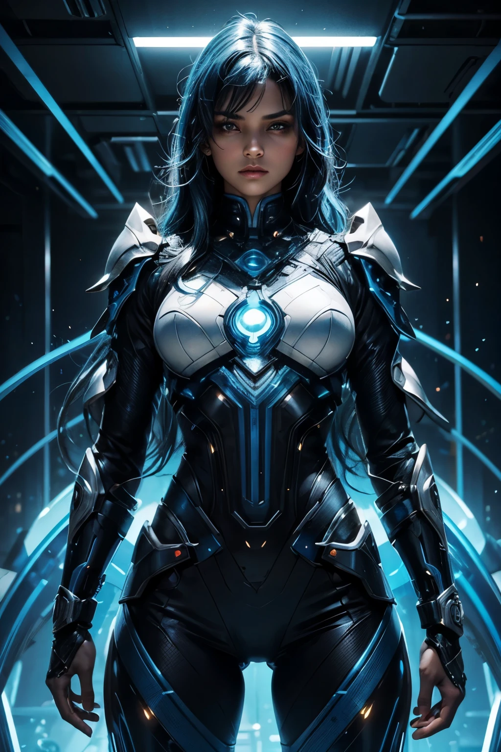 In the heart of a cutting-edge, technologically advanced battlefield, a powerful African girl warrior with slant eyes assumes a commanding stance. Her sleek futuristic armor, meticulously crafted with intricate designs, radiant shine and blue lights, hugs her toned body. The suit's polished surface beautifully reflects the vibrant, pulsating lights of her high-tech environment. With her blue wavy hair cascading down her back, framing her strong, chiseled features, she exudes an undeniable aura of determination and strength. Her determined expression, intensified by her fierce gaze, reveals her unwavering resolve to protect and defend against any potential threat in this advanced, intricately detailed. She is beautiful, has a cute face. Her skin tone is brown.