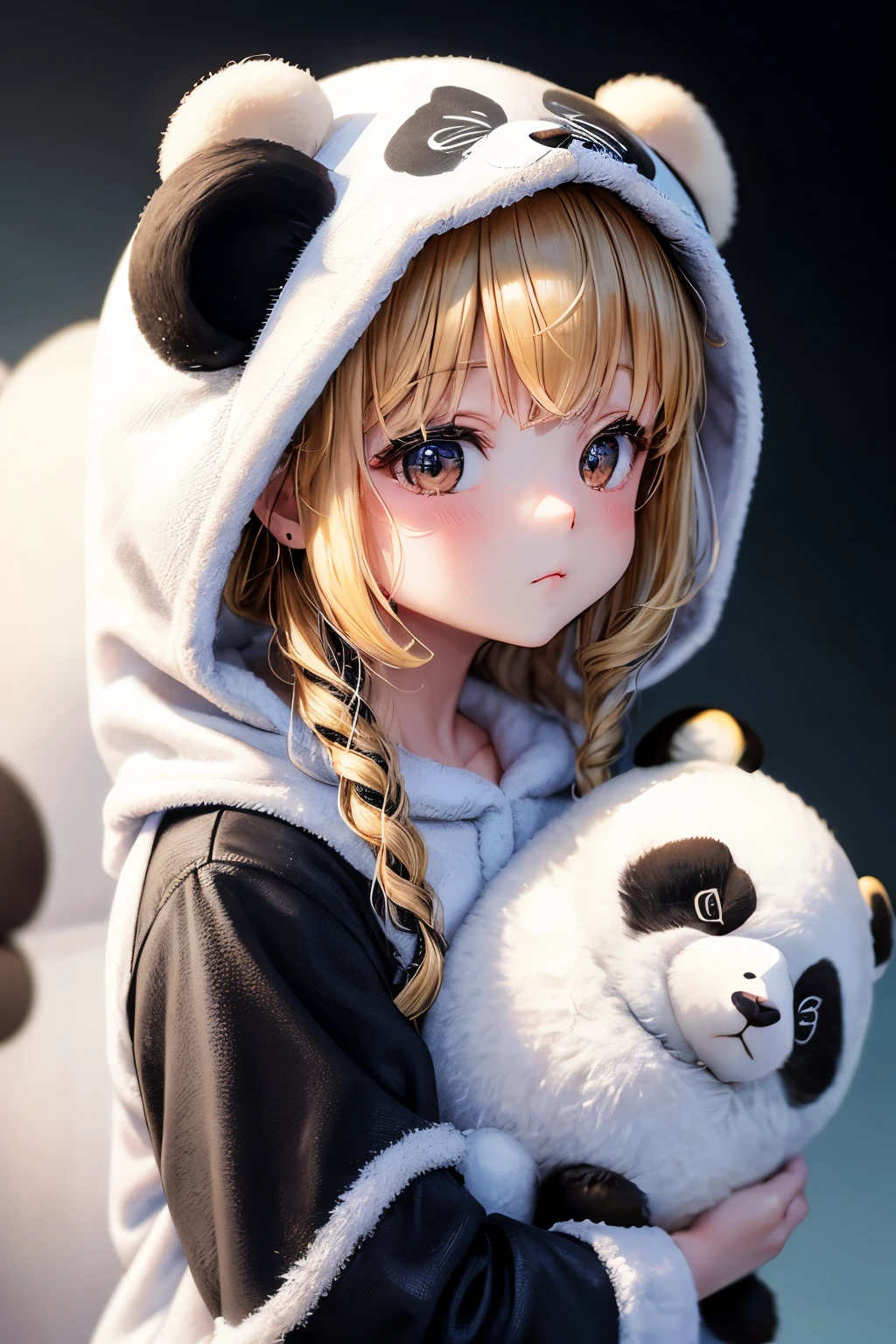 Chibi, Nendoroid, ((worst quality, low quality)), ((Close-up), profile,1.5 facing left), (10 year old girl), blonde, (Fluffy panda kigurumi pajamas:1.4), (Open pajamas:1.2), (white and black pajamas:1.4), Animal Hoodie, (hood up:1.under the hoodie, oversized hoodie, five fingers, perfect hands, bedroom background, best quality,Super detailed, masterpiece,