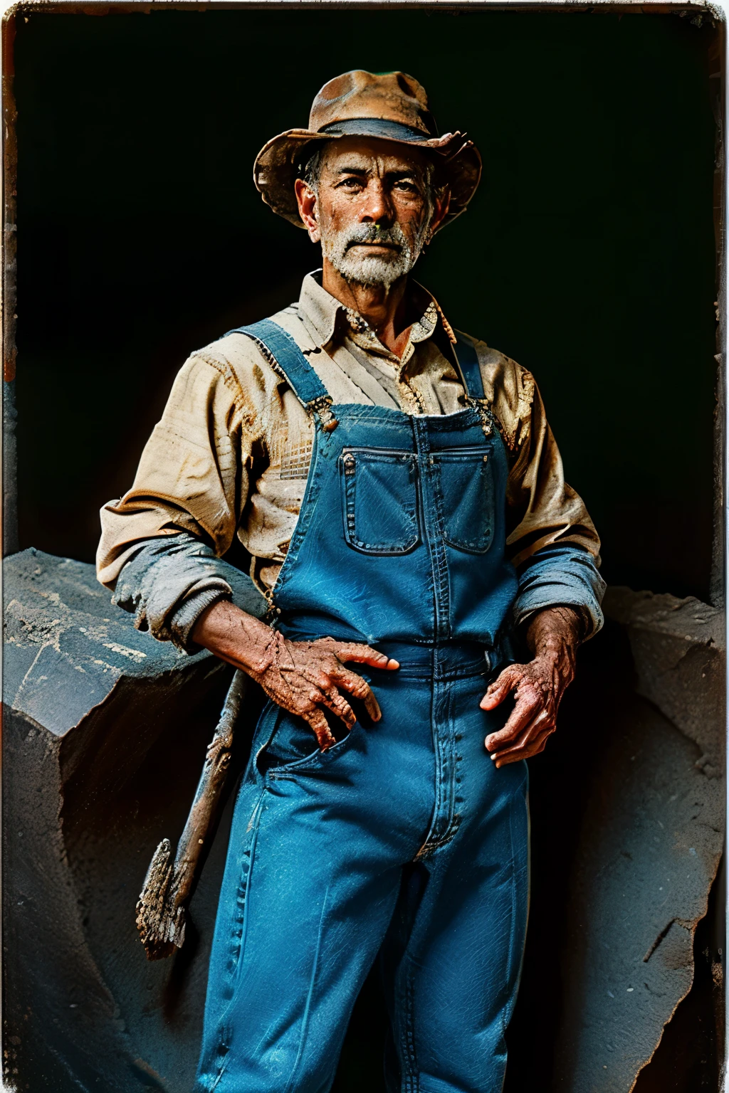 A miner in the 1920s, standing tall and strong against a backdrop of ancient, rocky terrain. In his calloused hands, he wields a rustic pickaxe, its bit glinting in the grayscale light. His sturdy frame is clad in worn denim overalls, the fabric frayed at the edges from years of toil. His face, etched with lines of experience and sweat, is hidden beneath a worn, brimmed hat. The scene, captured in black and white, exudes a raw, timeless authenticity. The worn canvas of his trousers, caked with dirt, and the frayed edges of his shirt sle
