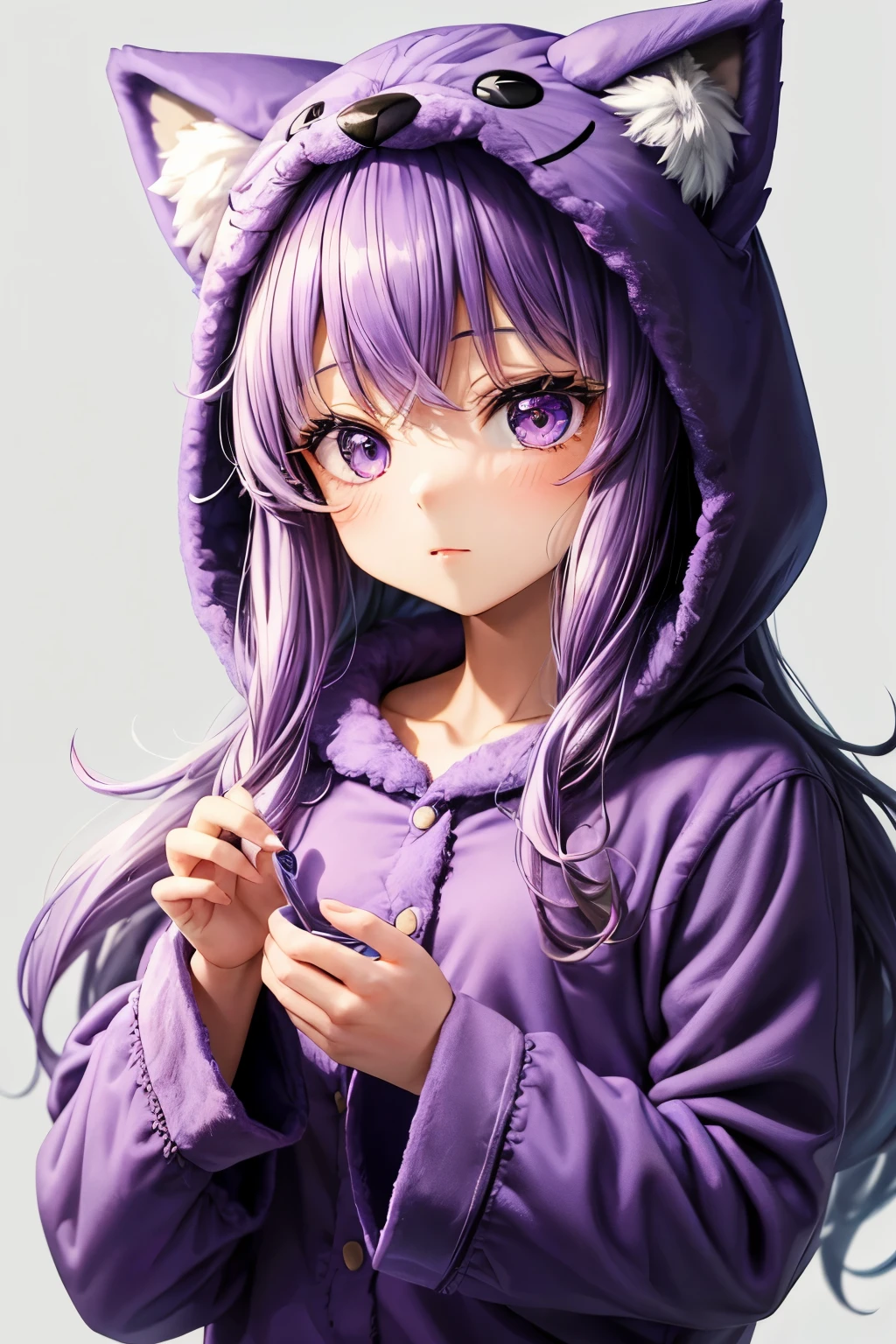 Chibi, Nendoroid, ((worst quality, low quality)), ((Close-up), profile,1.5 facing left), (10 year old girl), purple hair, (Fluffy wolf costume pajamas:1.4), (Open pajamas:1.2), (light purple pajamas:1.4), Animal Hoodie, (hood up:1.under the hoodie, oversized hoodie, five fingers, perfect hands, bedroom background, best quality,Super detailed, masterpiece,