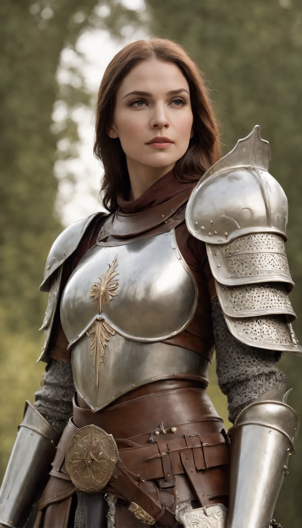 A beautiful Crusader woman, female crusader, courageous face, strong body, big round breast, perfect thighs, wearing Crusader armors, detailed highly engraved and embossed armors, chest plates, shoulder guards, knight helmets, gloves, standing and starring, ancient crusade theme, holy environment, good lighting, hyper realistic photo, fantasy photo, medium full shot