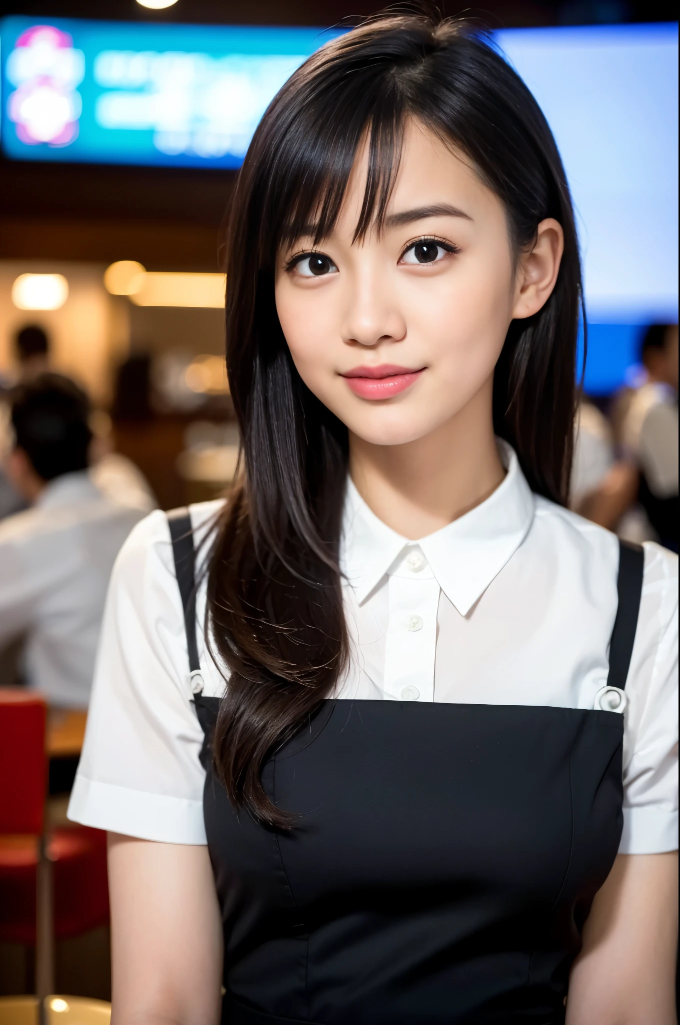 (8K, RAW photo, highest quality, masterpiece:1.3), (realistic, photo-realistic:1.4), (Highly detailed 8K wallpaper), sharp focus, Depth of written boundary,
japanese idol,very cute,(baby face), (waitress:1.3), Look at us and smile, Upper body, highly detailed face and eyes,((shiny skin:1.2)), cinematic lighting, soft light, blur background, Cafe with a retro atmosphere)
