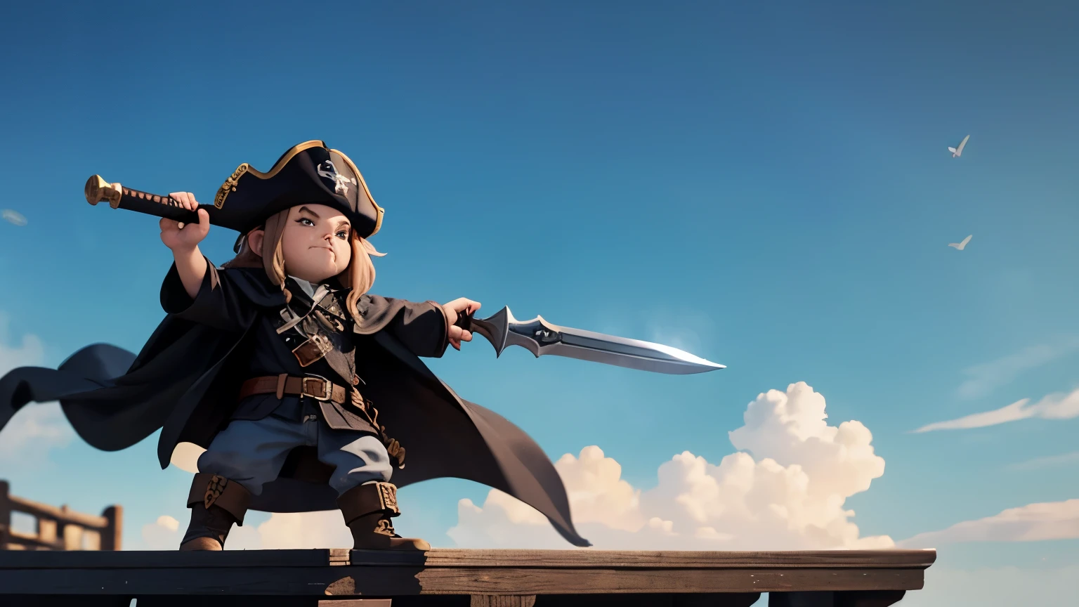 A pirate dwarf in a black cloak waving a sword in the air, standing at the edge of a ship deck