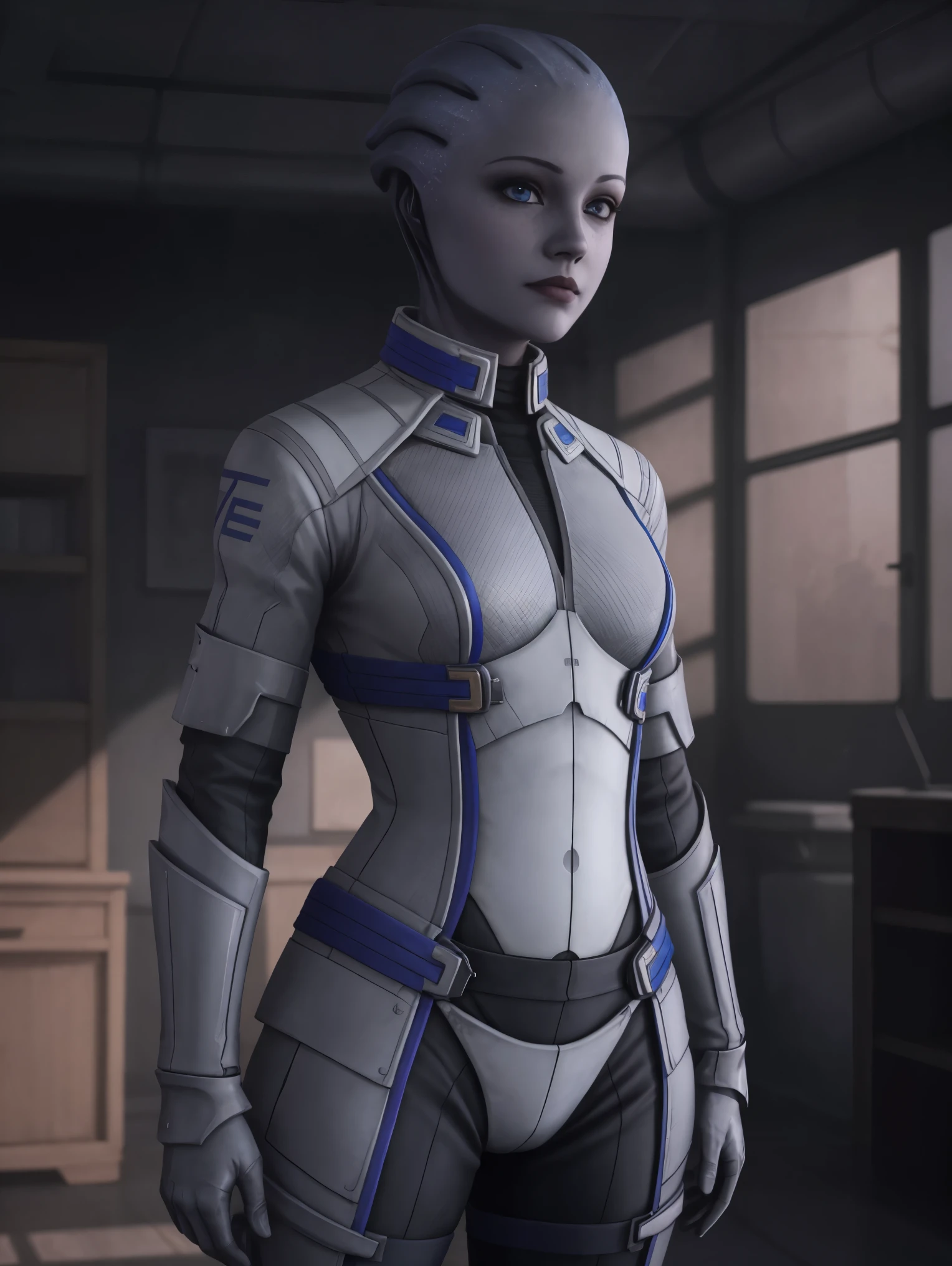 masseffectliara standing in a room, cute face, realistic armor materials, shiny armor, dramatic lighting, wallpaper, intricate, sharp focus, ray tracing, rtx, professionally color graded, professional photography, masterpiece, ultra detailed, high quality, best quality, 4k, 8k, raw 