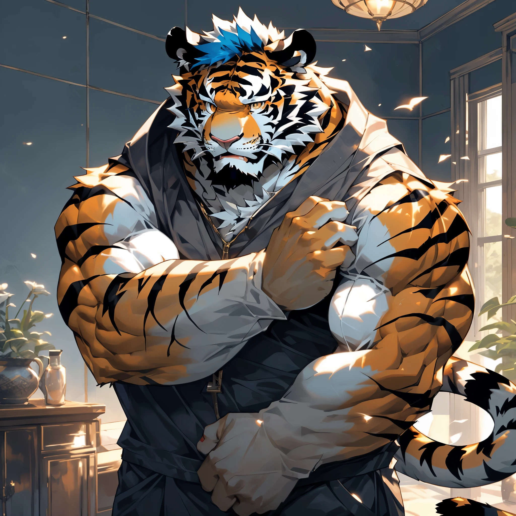 disney,anime character with tiger , tiger_beast, Firmware version, high resolution committee, ((tiger)), gigachad muscular, muscular!!, Tik, muscular!, anthropomorphic tiger, muscular character, Kushat Kenzi, Super detailed!!, muscular!!!, beefy, full body commission, Full body details are very rich,32k,(Full body close-up:1.2),(The two eyes are different in color,Different pupils:1.8),HD,(Colored hair:1.5),(bareness:1.3),solo,(表情sad:1.3),hope,((One eye is blue,The other eye is gold:1.5)),(A pair of eyes with different pupil colors:1.5),((sad:1.6)),((sad的看着:1.5)),(front:1.3),((Background modern room:1.3)),(The background is inside a modern house)