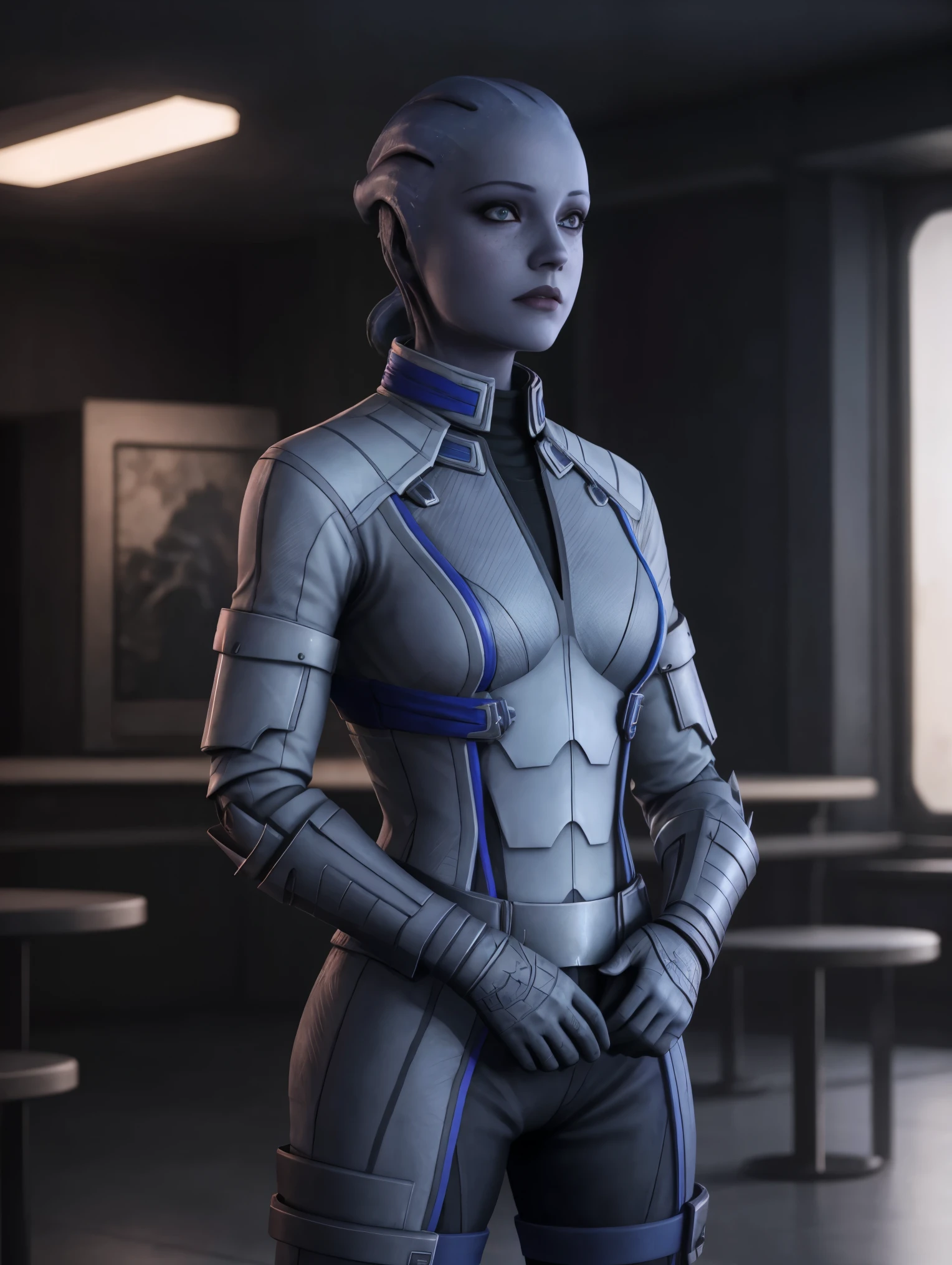 masseffectliara standing in a room, cute face, realistic armor materials, shiny armor, dramatic lighting, wallpaper, intricate, sharp focus, ray tracing, rtx, professionally color graded, professional photography, masterpiece, ultra detailed, high quality, best quality, 4k, 8k, raw 