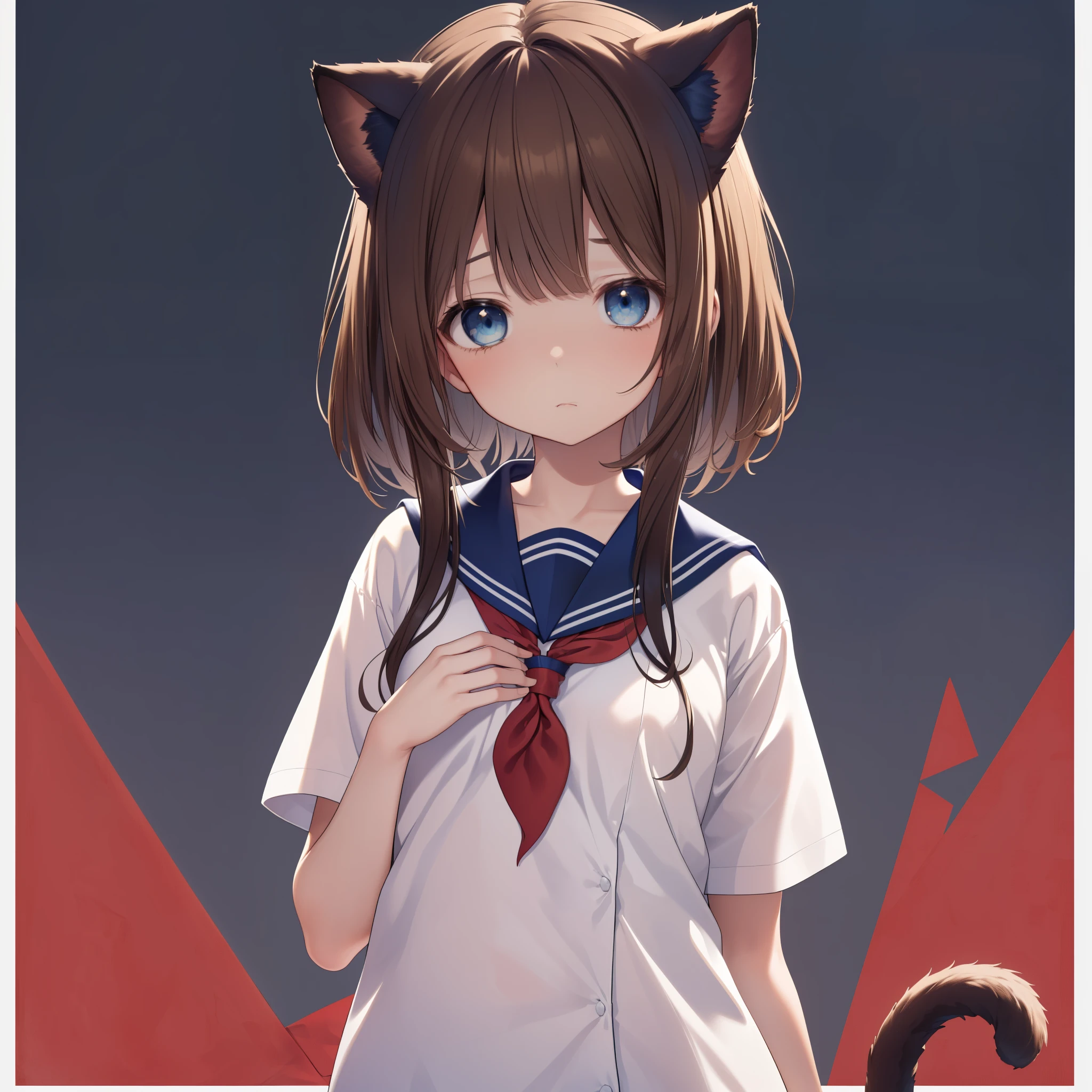 (best quality:1.1), (masterpiece:1.2), (solo), ((upper body)), ((s)), (flat chest), skinny, short height, (blue eyes), ((cat ears)), (messy brown hair), (brown cat tail), ((oversized blue sailor uniform, red neckerchief)), ((glossy skin)), shameful expression, ((home background:1.5))