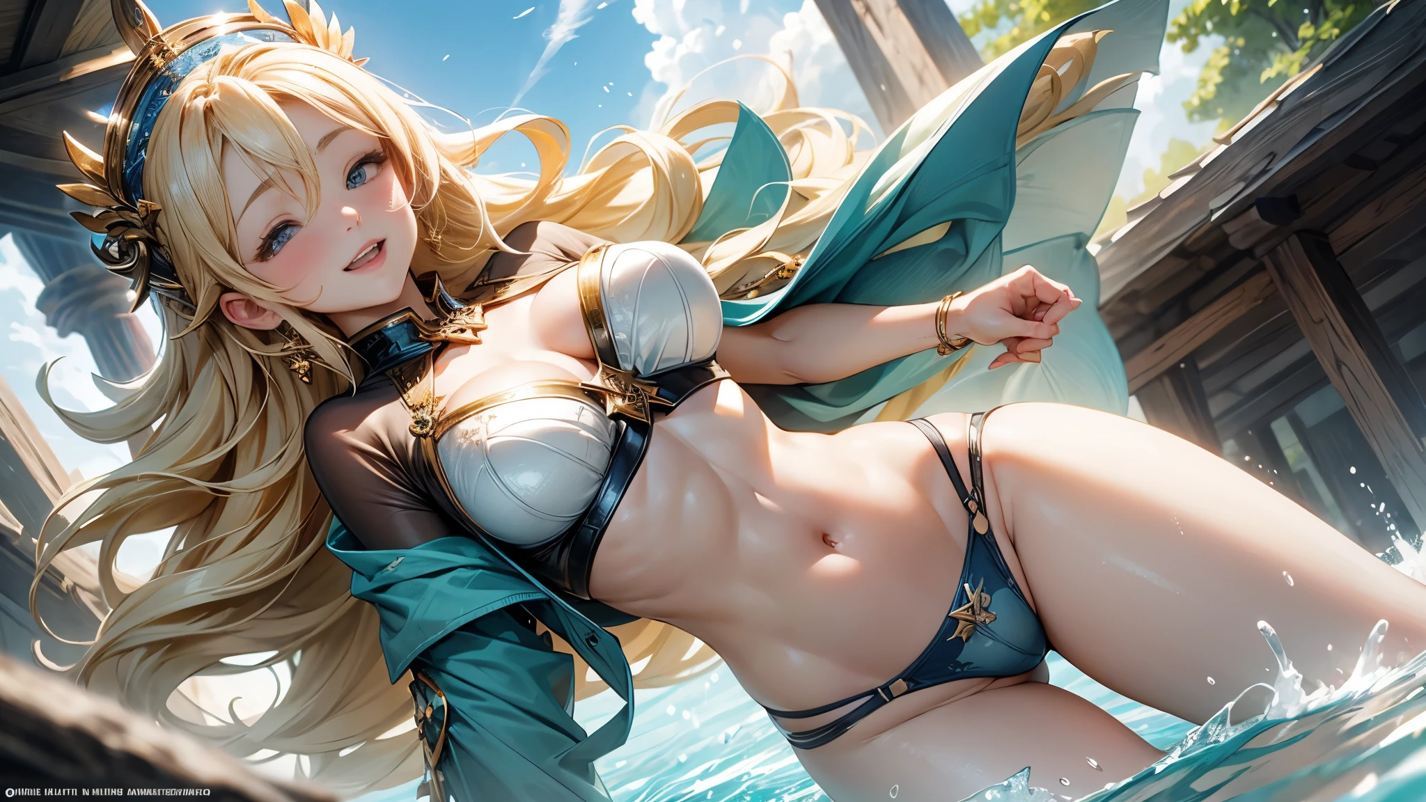divine goddess of the sky.、beautiful woman, laugh、blond hair、big bust, bra soaked in water, T-panties, front view, Sedentary, close,