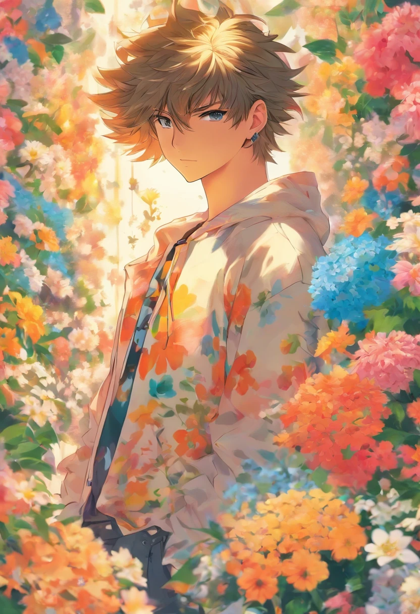 masterpiece, collage of age boy, casual outfit, flowers, blond hair, black hair,