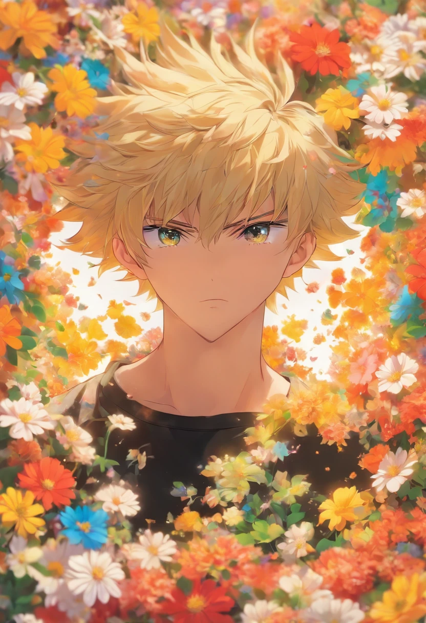 masterpiece, collage of  boy, casual outfit, flowers, blond hair, black hair,
