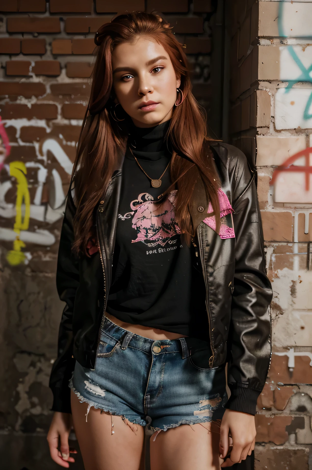 (masterpiece, best quality, 1 girl, solo, intricate details, chromatic aberration), realistic, ((medium breath)),long hair, red hair, red decoration on the head, pink highlights, amber eyes, earrings, sharp eyes, necklace, neon shirt, ripped shorts, unbuttoned jacket, turtleneck, night, against the wall, brick wall, graffiti, dim lighting, alley, look at the viewer